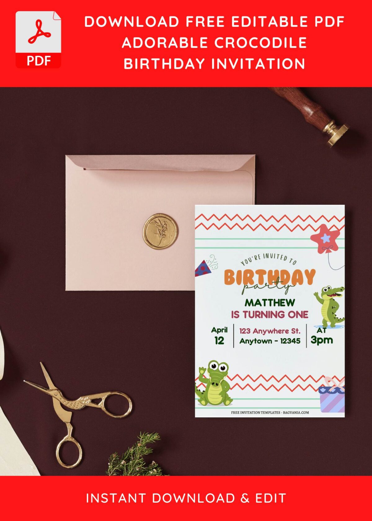 (Free Editable PDF) Cute Alligator Kids Birthday Invitation Templates I