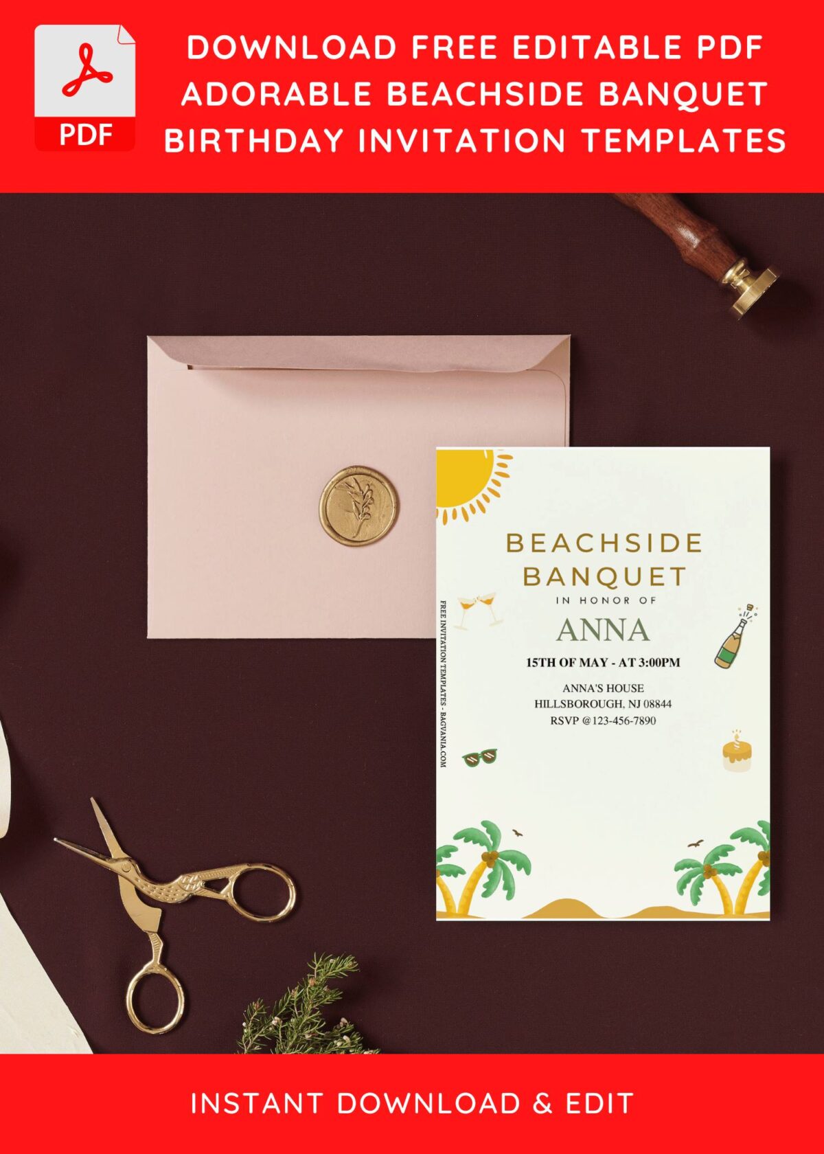 (Free Editable PDF) Summer Beachside Banquet Birthday Invitation Templates I