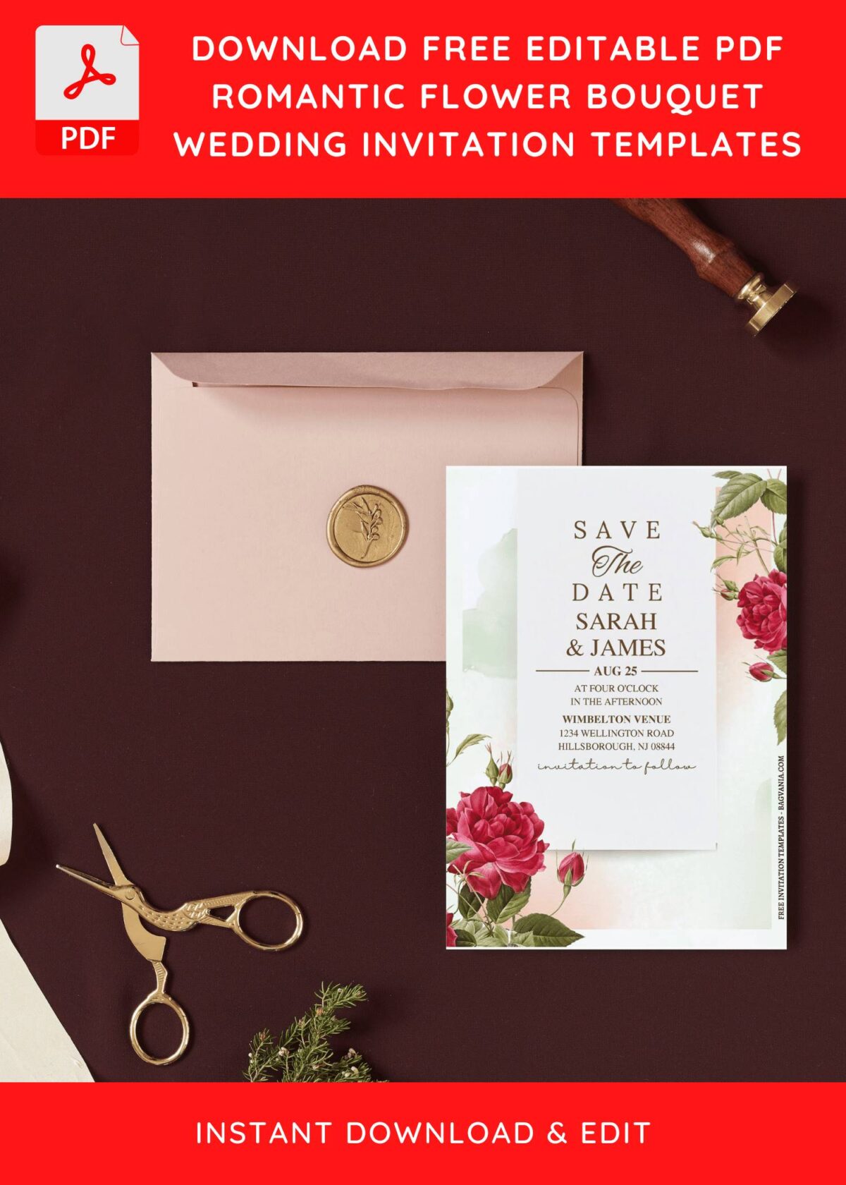 (Free Editable PDF) Romantic Watercolor Rose Wedding Invitation Templates I