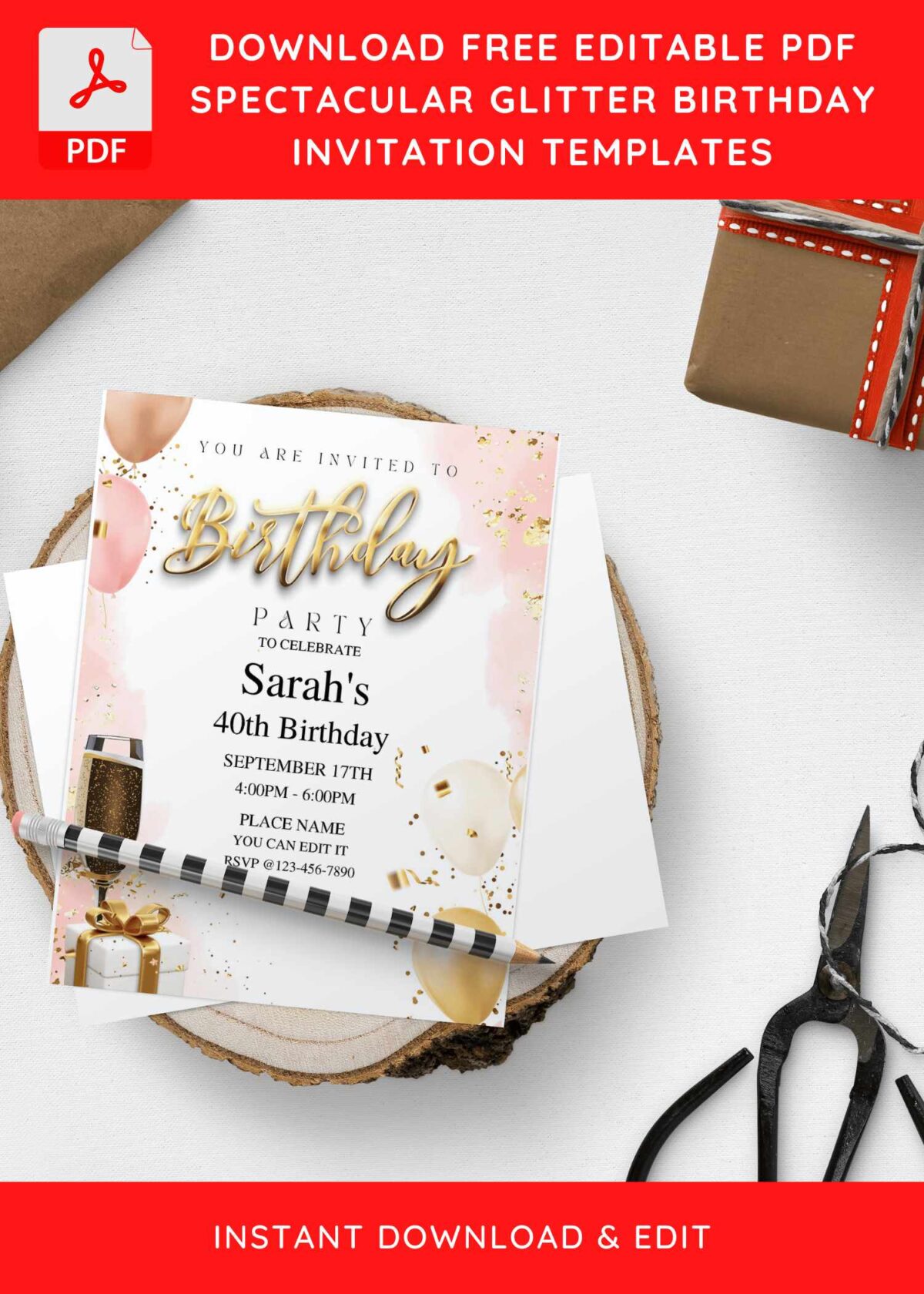 (Free Editable PDF) Glitter Bubbly 40TH Birthday Invitation Templates H