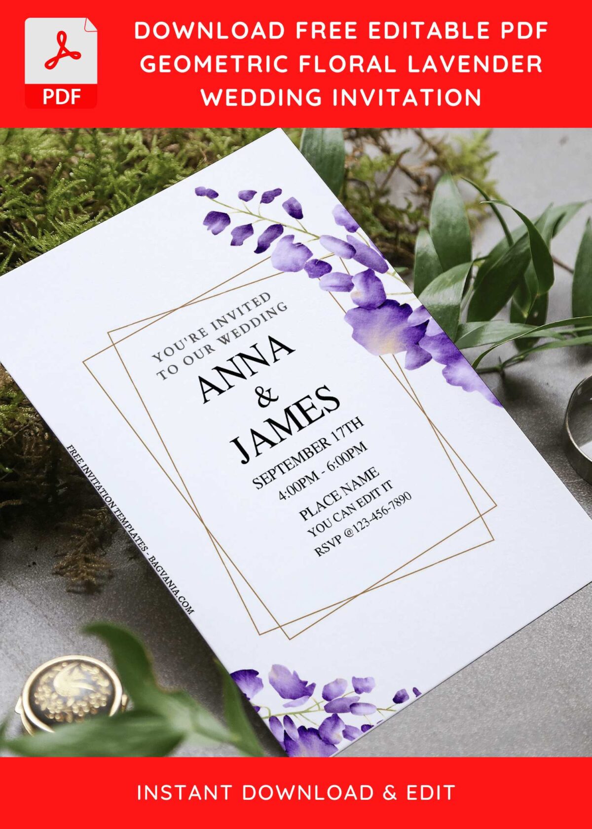 (Free Editable PDF) Classy Geometric Lavender Wedding Invitation Templates F