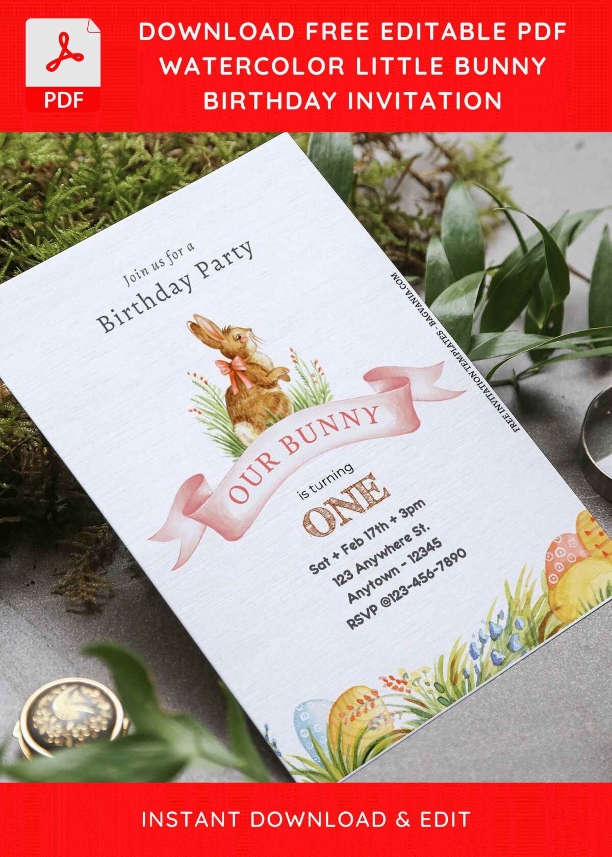 (Free Editable PDF) Watercolor Easter Bunny Birthday Invitation Templates E