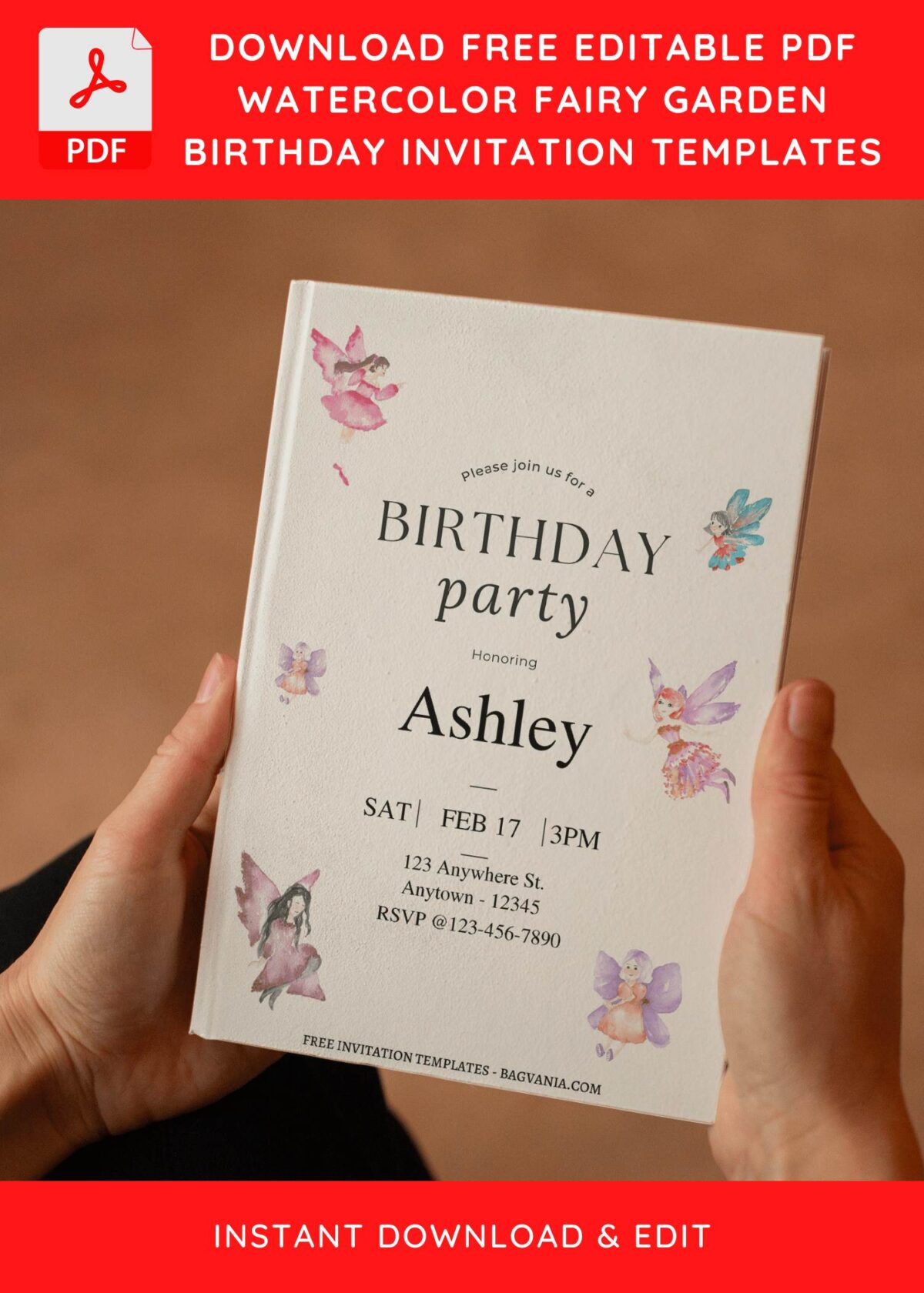 (Free Editable PDF) Simply Cute Watercolor Fairy Birthday Invitation Templates E