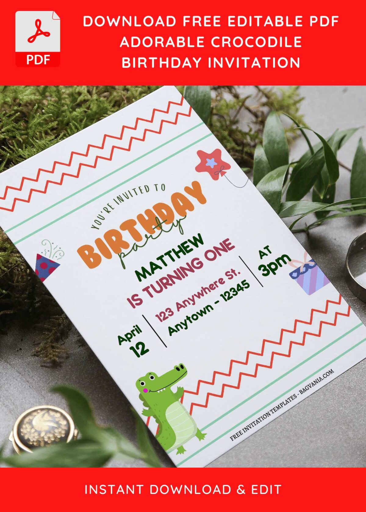 (Free Editable PDF) Cute Alligator Kids Birthday Invitation Templates E