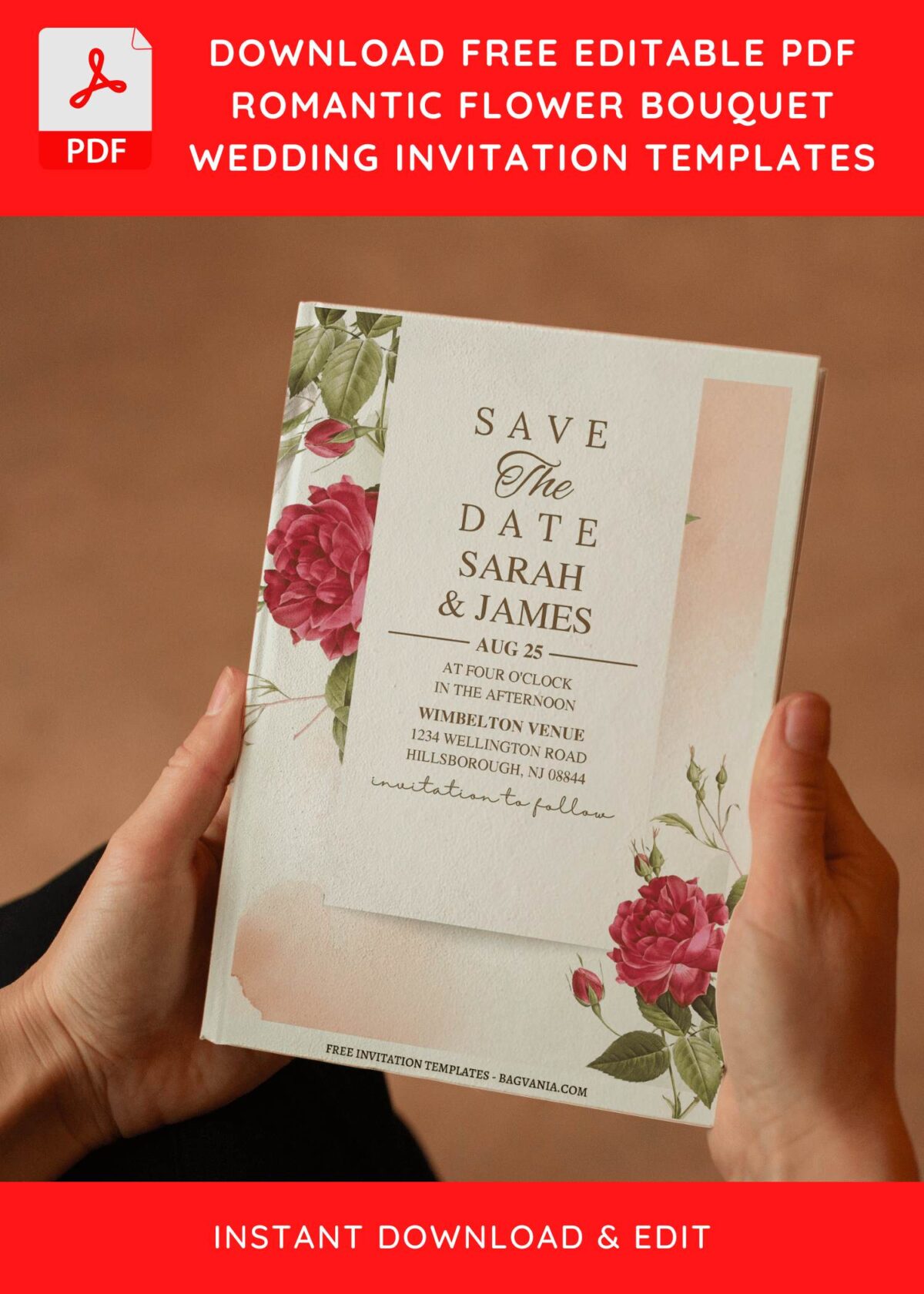(Free Editable PDF) Romantic Watercolor Rose Wedding Invitation Templates E
