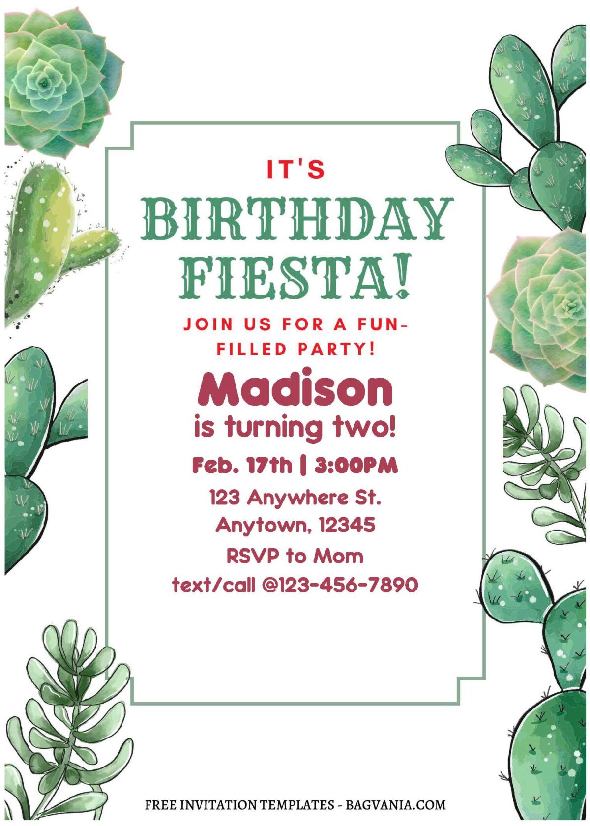 (Free Editable PDF) Birthday Fiesta Cactus Invitation Templates A