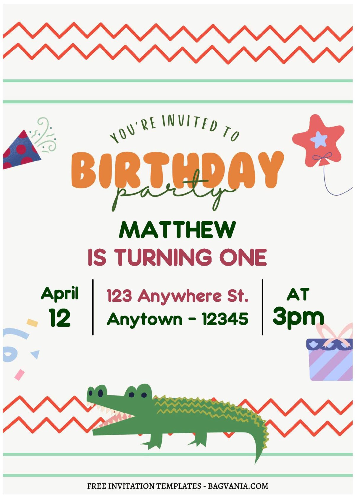 (Free Editable PDF) Cute Alligator Kids Birthday Invitation Templates C