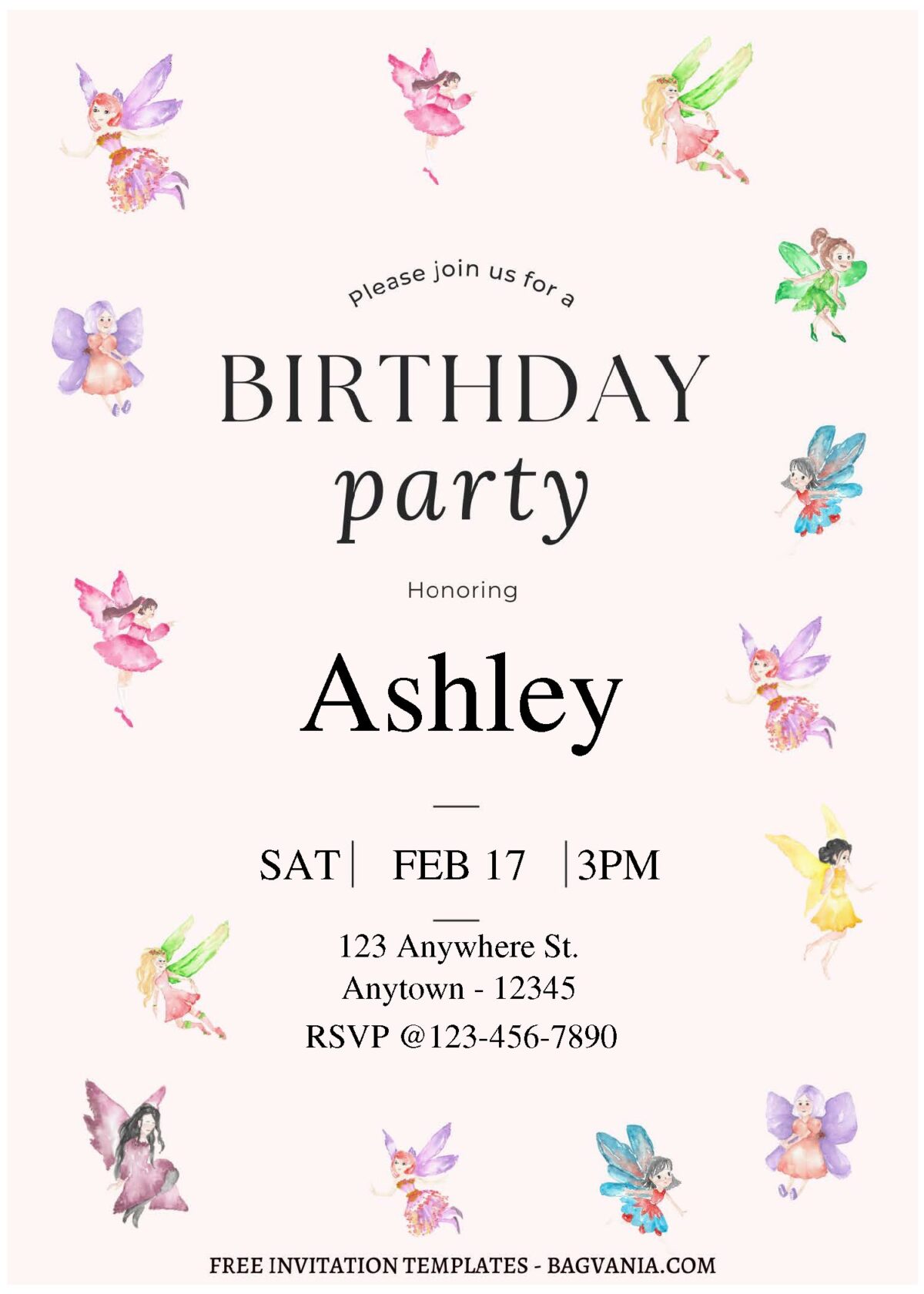 (Free Editable PDF) Simply Cute Watercolor Fairy Birthday Invitation Templates C
