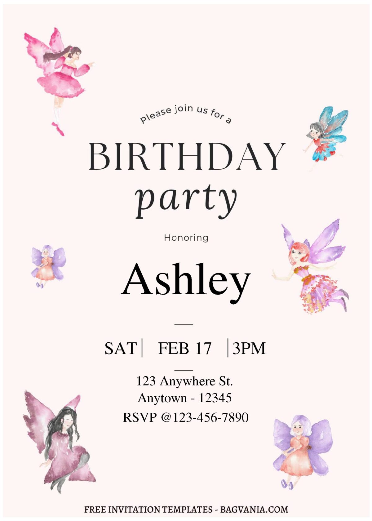 (Free Editable PDF) Simply Cute Watercolor Fairy Birthday Invitation Templates A