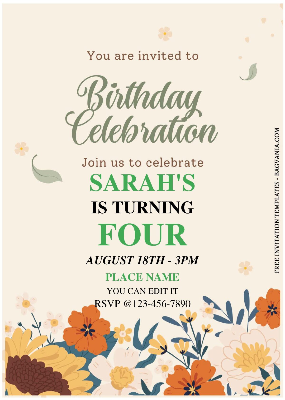 (Free Editable PDF) Graceful Floral Kids Birthday Invitation Templates B