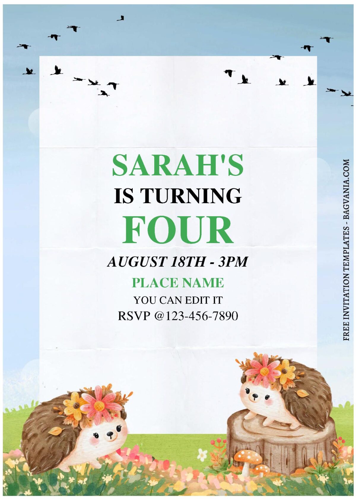 (Free Editable PDF) Cute Watercolor Hedgehog Birthday Invitation Templates A