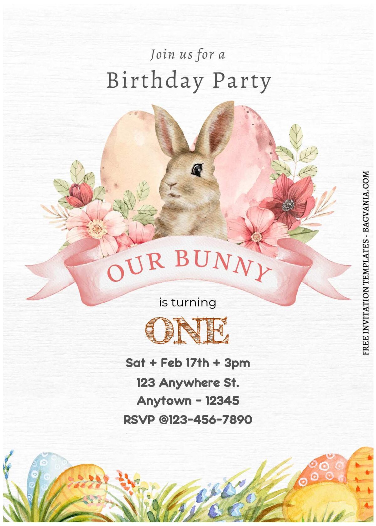(Free Editable PDF) Watercolor Easter Bunny Birthday Invitation Templates A