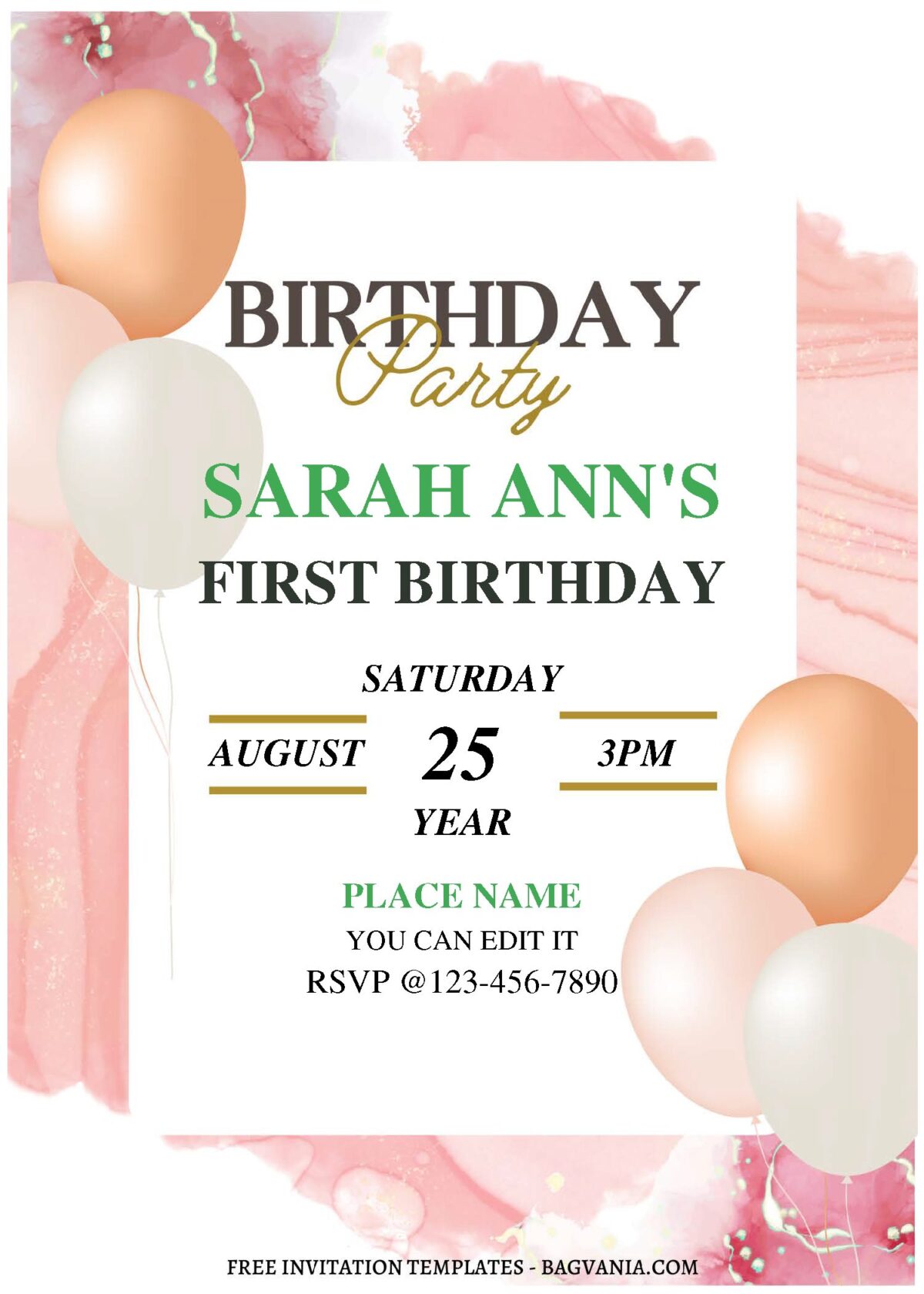 (Free Editable PDF) Rose Gold Watercolor Balloon Birthday Invitation Templates B