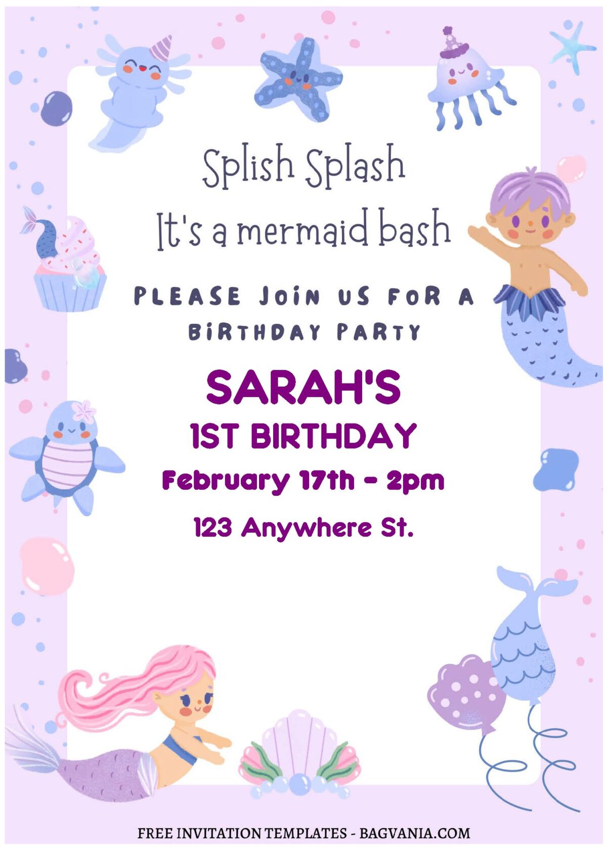 (Free Editable PDF) Pearly Cute Mermaid Princess Birthday Invitation Templates C