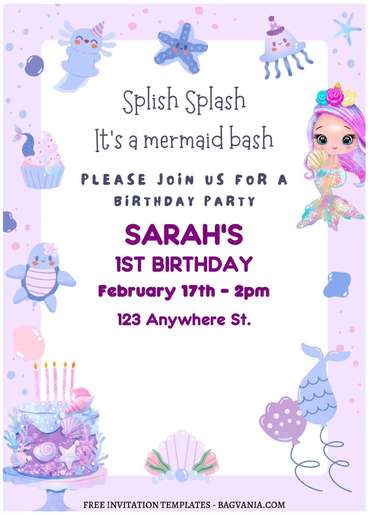 (Free Editable PDF) Pearly Cute Mermaid Princess Birthday Invitation Templates A