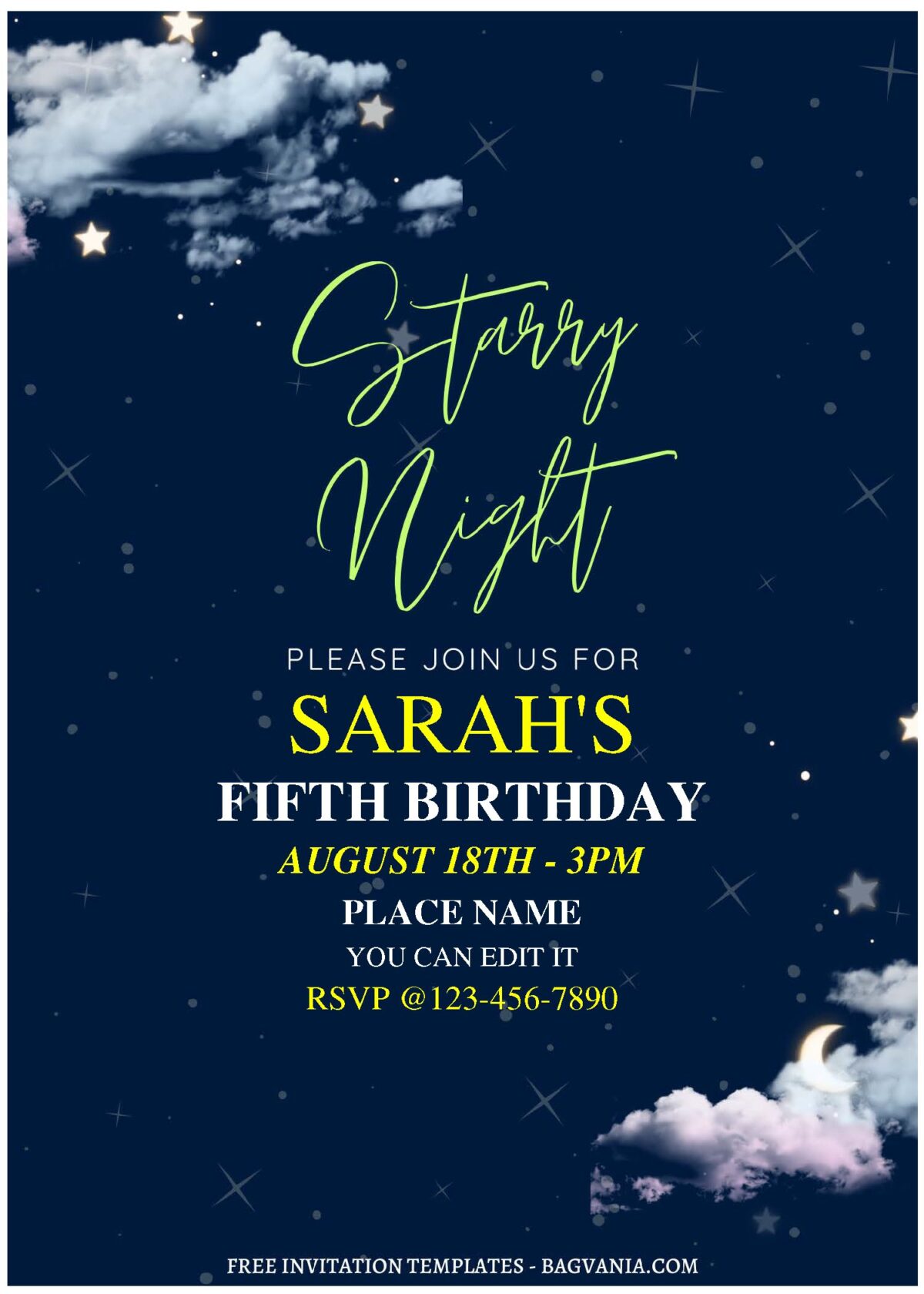 (Free Editable PDF) Simple Starry Night Birthday Invitation Templates A