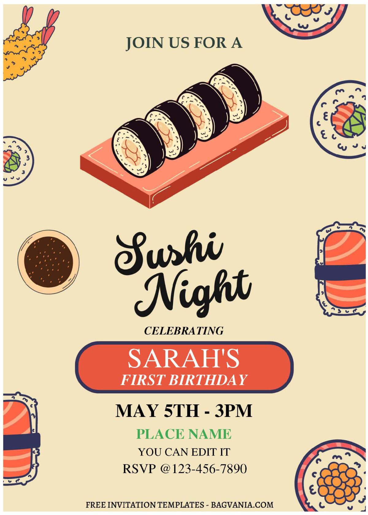 (Free Editable PDF) Roll Out The Fun Sushi Birthday Invitation Templates A