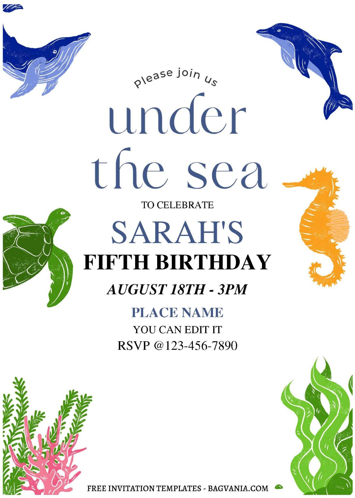 (Free Editable PDF) Cute Sea Creatures Birthday Invitation Templates C