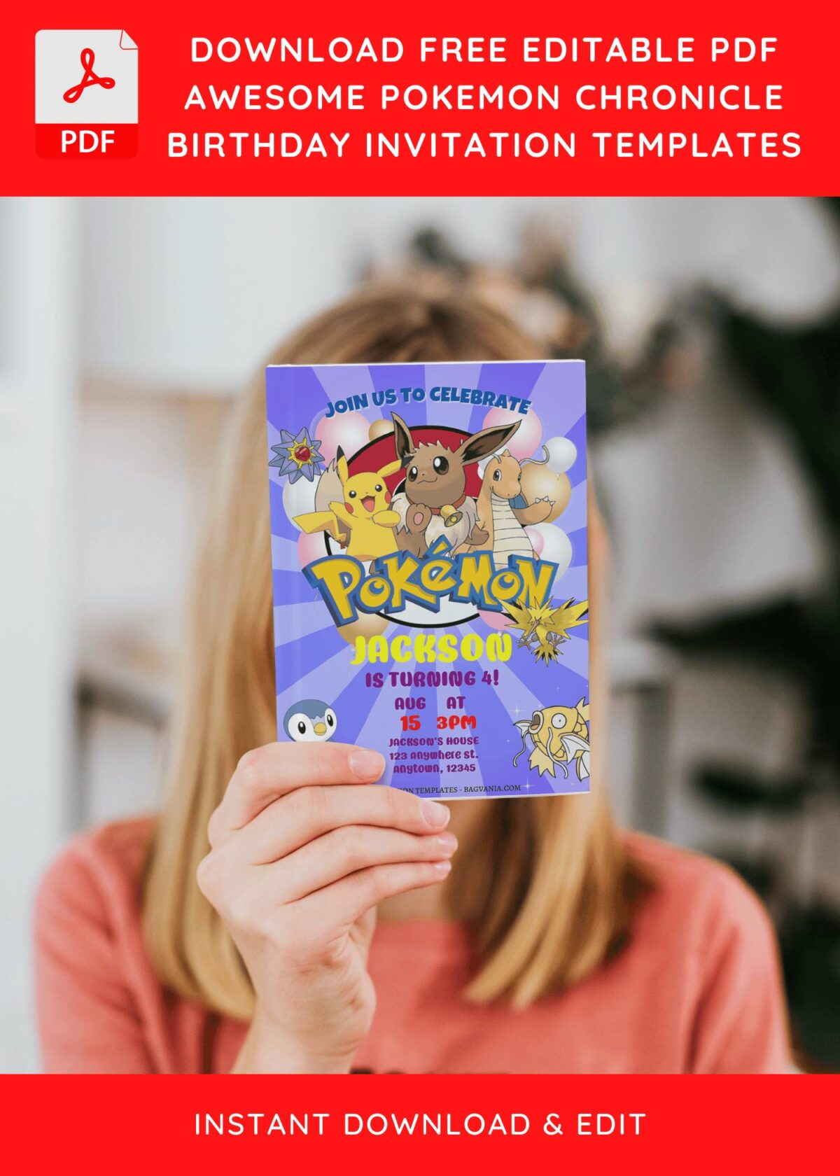 (Free Editable PDF) Epic Pokémon Chronicle Birthday Invitation Templates with Pokemon logo