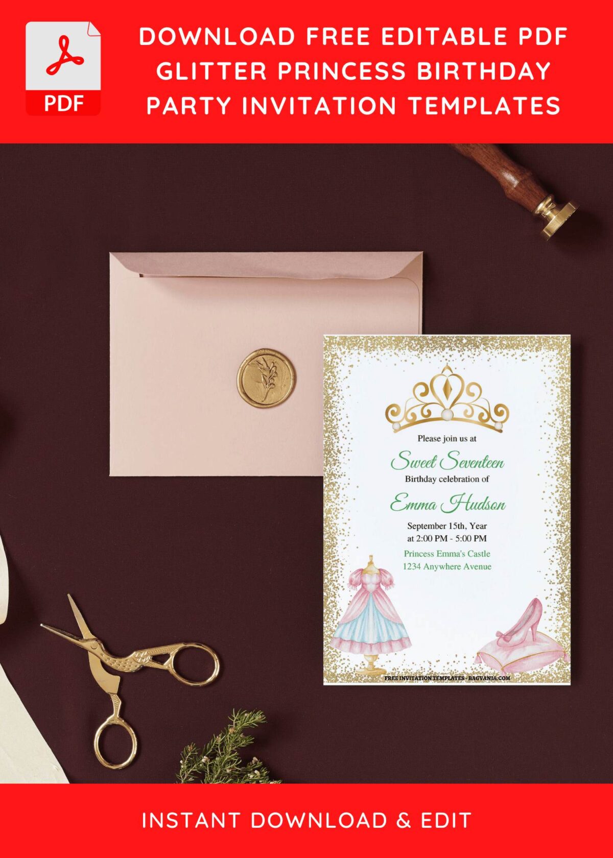 (Free Editable PDF) Gold Glitter Princess Birthday Invitation Templates I