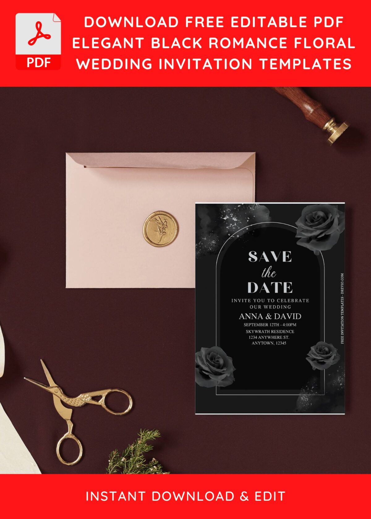(Free Editable PDF) Classically Elegant Dark Floral Wedding Invitation Templates I