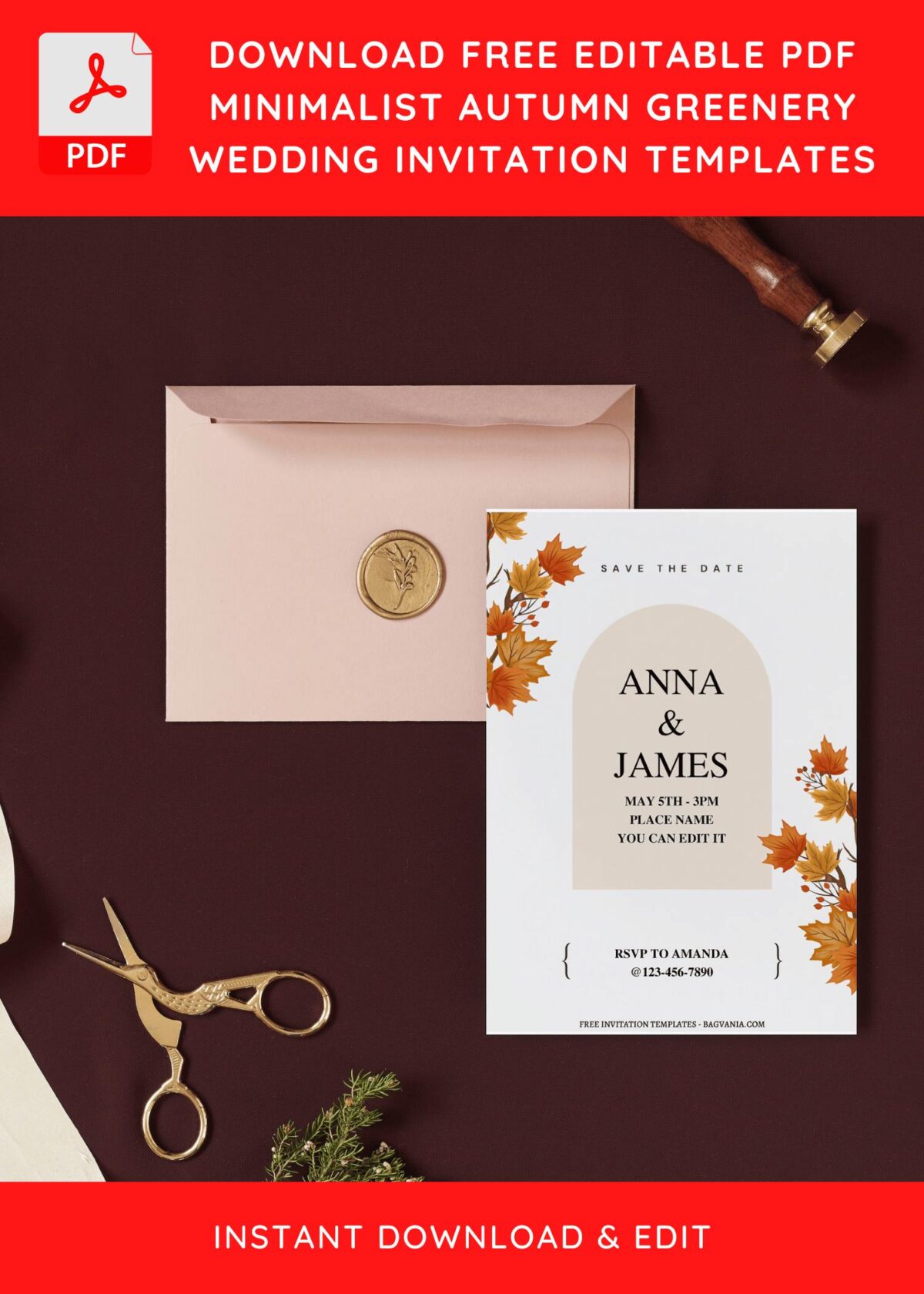 (Free Editable PDF) Aesthetic Autumn Leaves Wedding Invitation Templates I