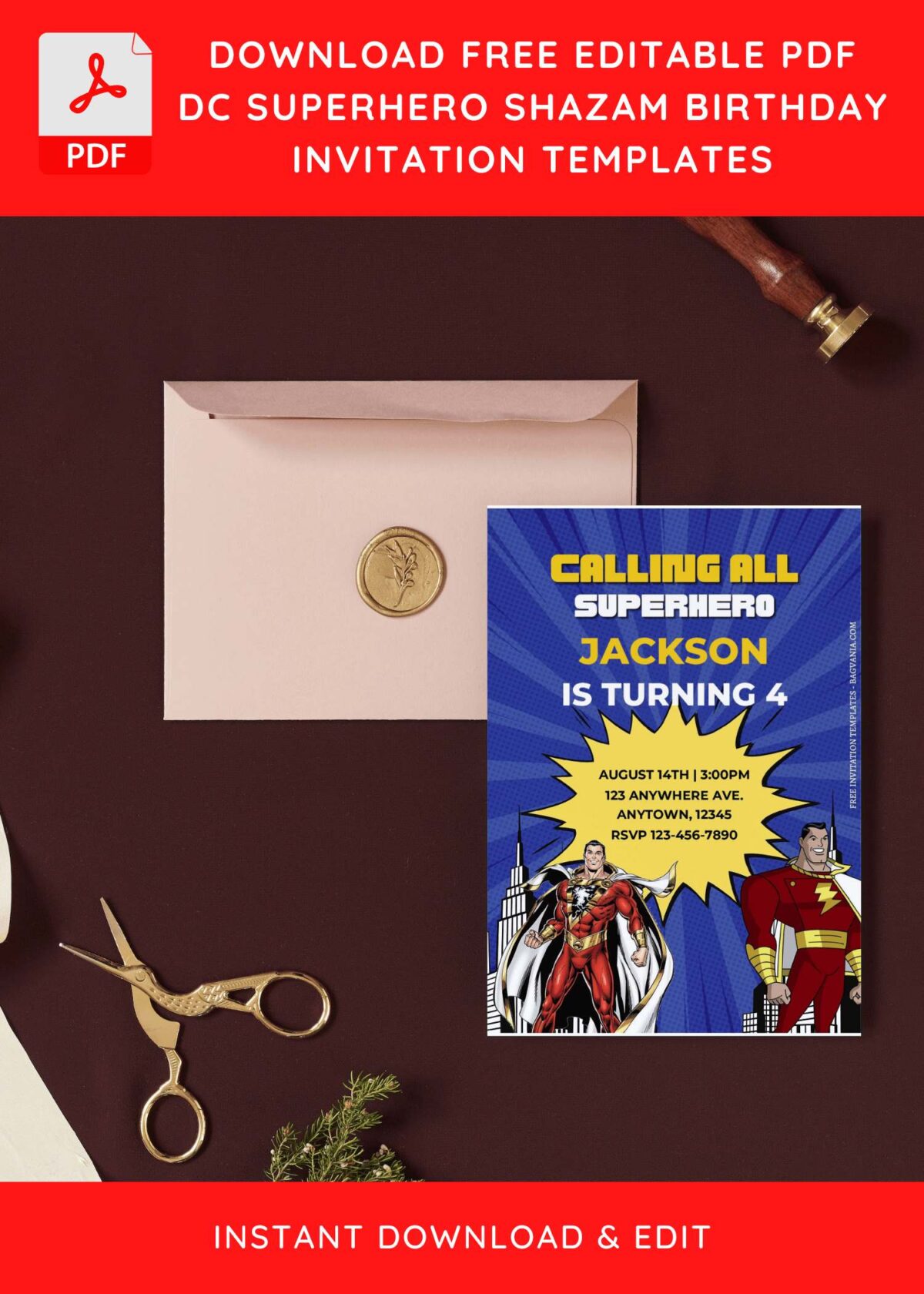 (Free Editable PDF) Unleash The Fun DC Shazam Birthday Invitation Templates I