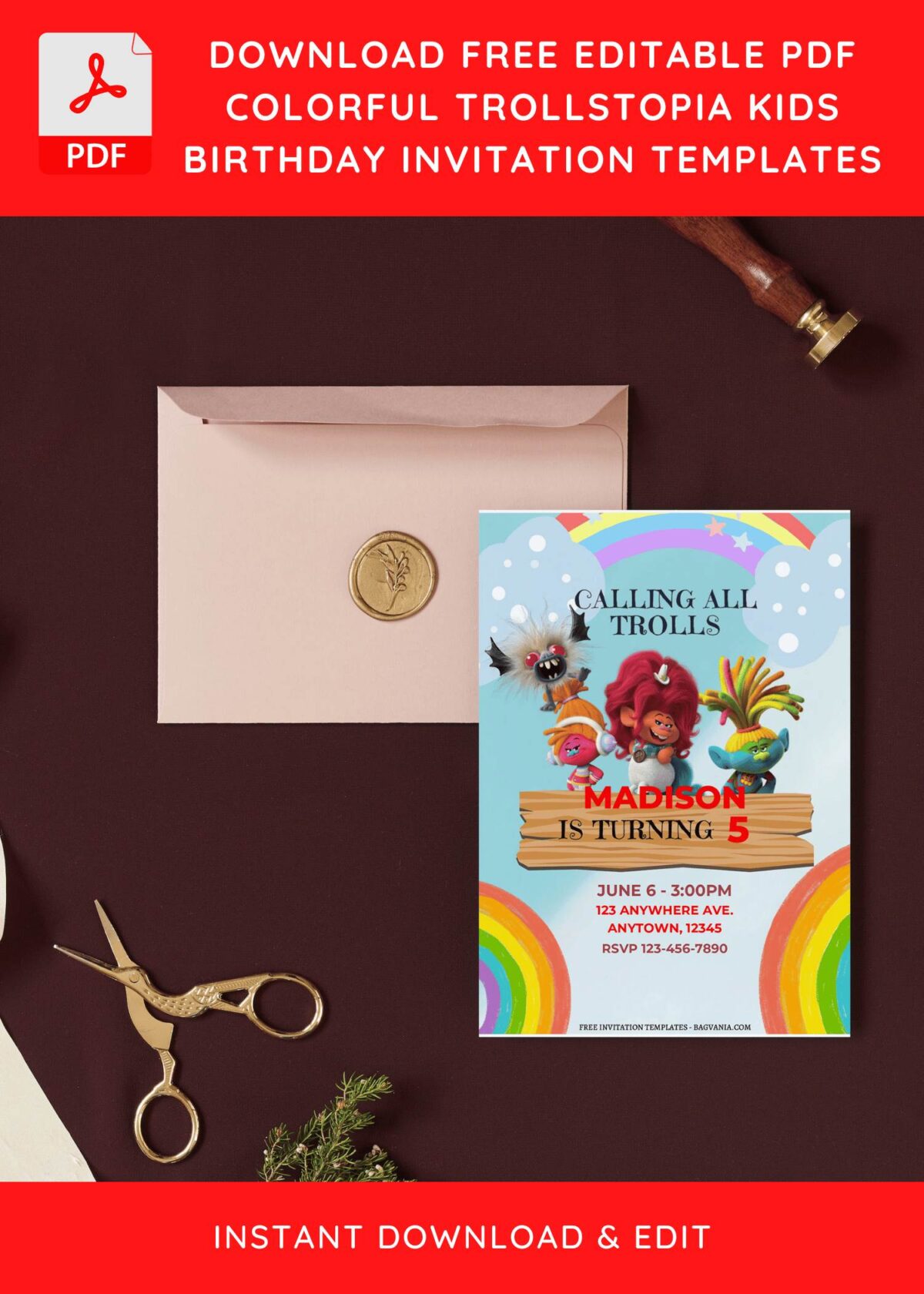 (Free Editable PDF) Rainbow Trollstopia Birthday Invitation Templates I