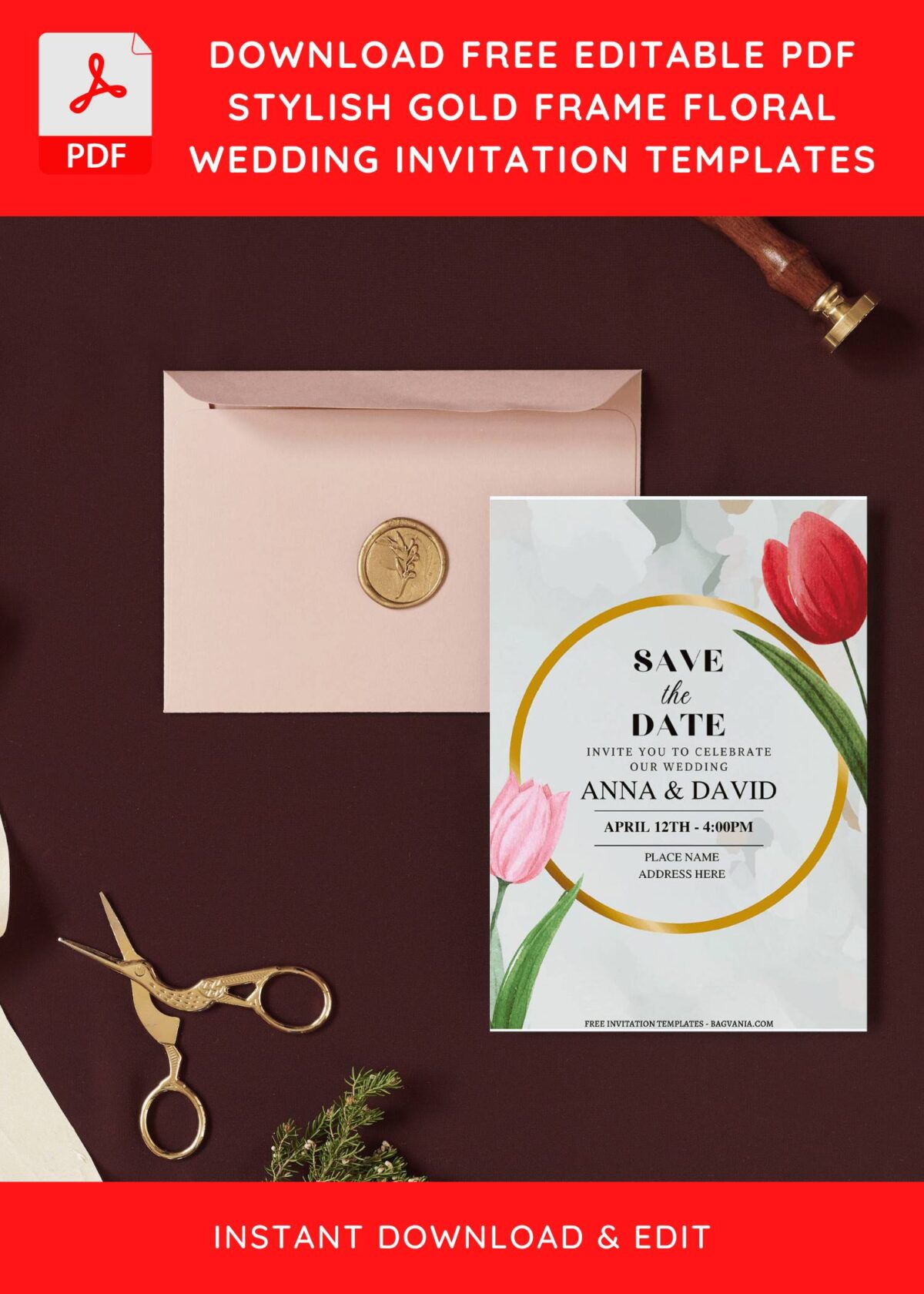 (Free Editable PDF) Gold Frame Tulip Wedding Invitation Templates I