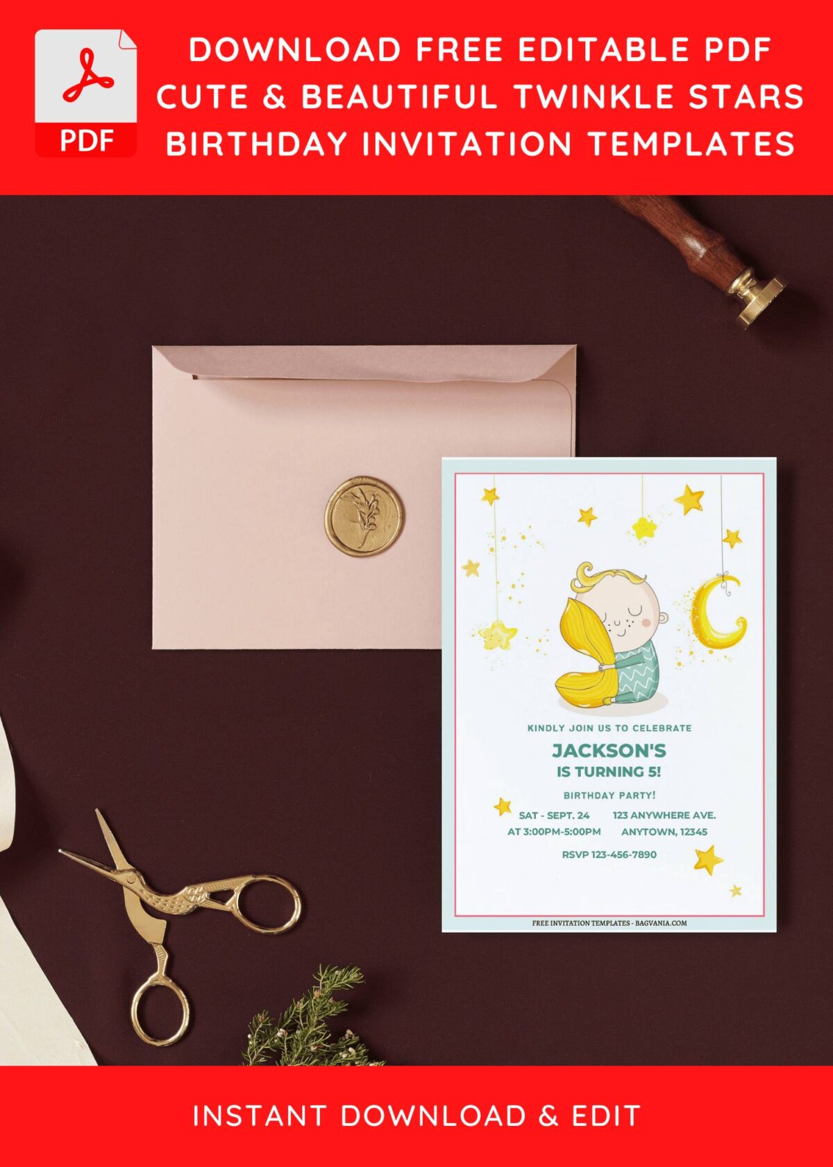 (Free Editable PDF) Cute Watercolor Twinkle Star & Moon Birthday Invitation Templates