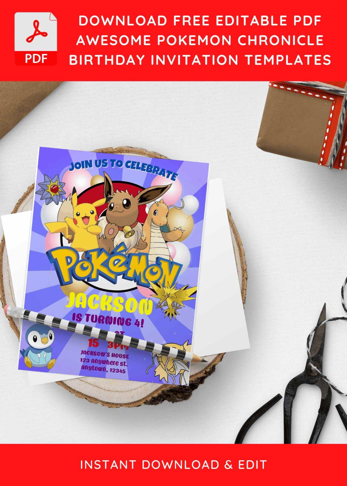 (Free Editable PDF) Epic Pokémon Chronicle Birthday Invitation Templates with Pikachu