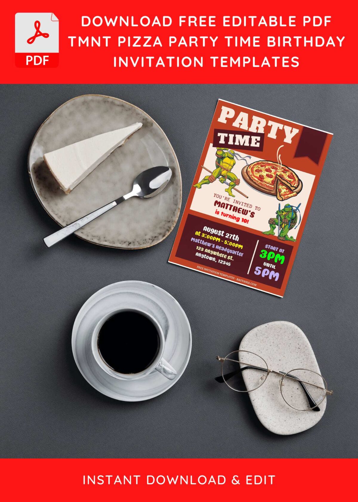 (Free Editable PDF) Fun TMNT Pizza Party Time Birthday Invitation Templates G