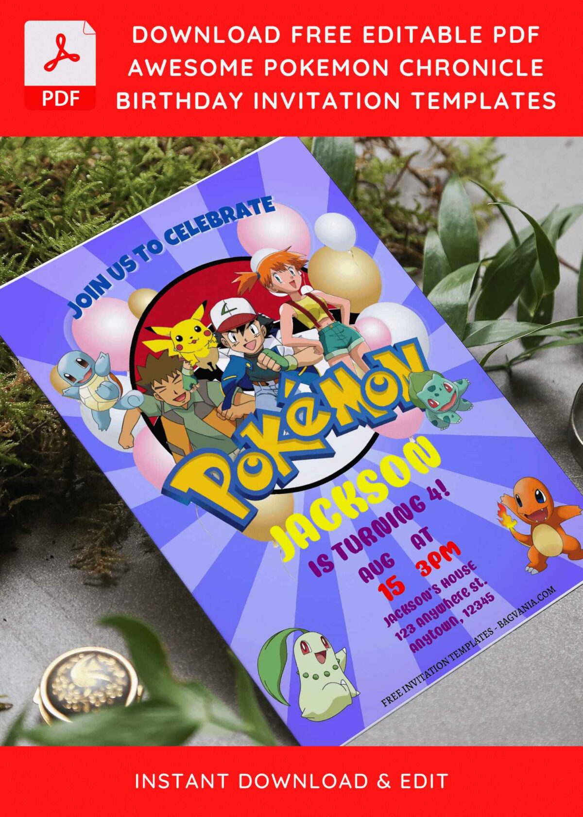 (Free Editable PDF) Epic Pokémon Chronicle Birthday Invitation Templates with Brook