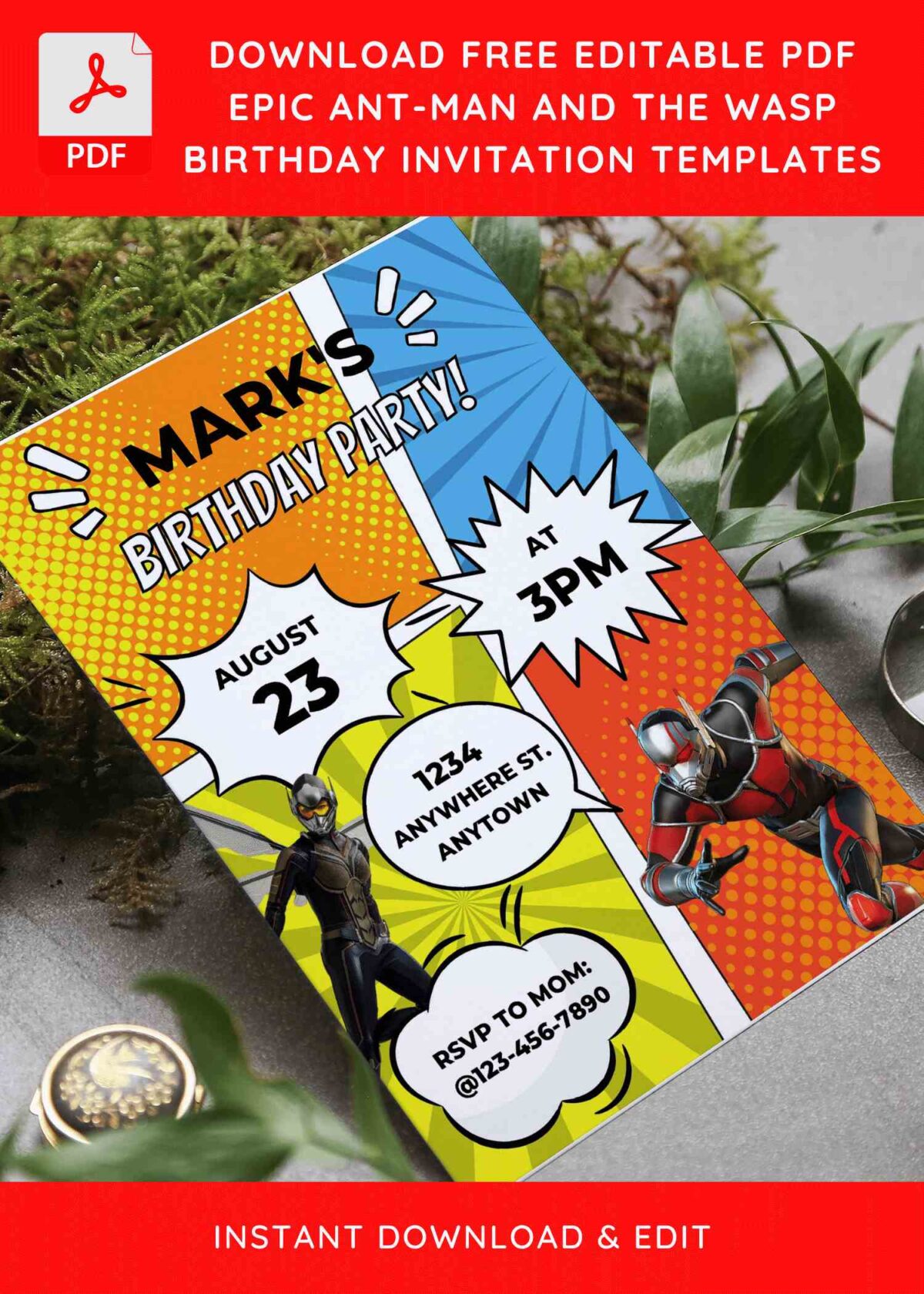(Free Editable PDF) Comic-inspired Ant-Man & The Wasp Birthday Invitation Templates E
