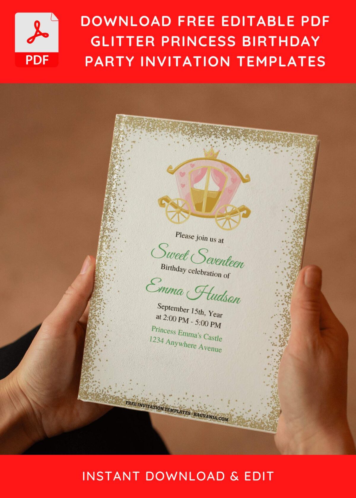 (Free Editable PDF) Gold Glitter Princess Birthday Invitation Templates E