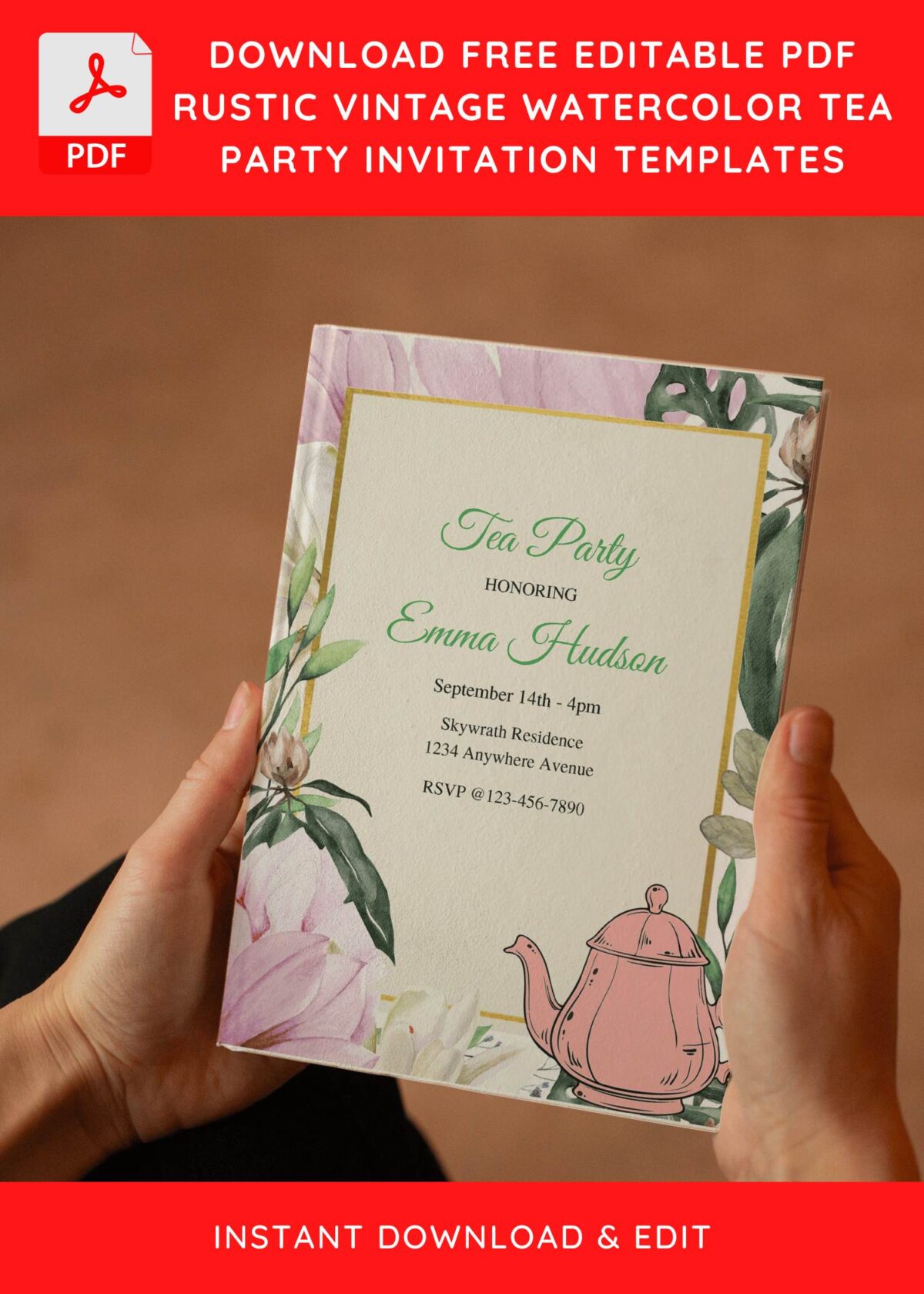 (Free Editable PDF) Blissful Garden Tea Birthday Party Invitation Templates E