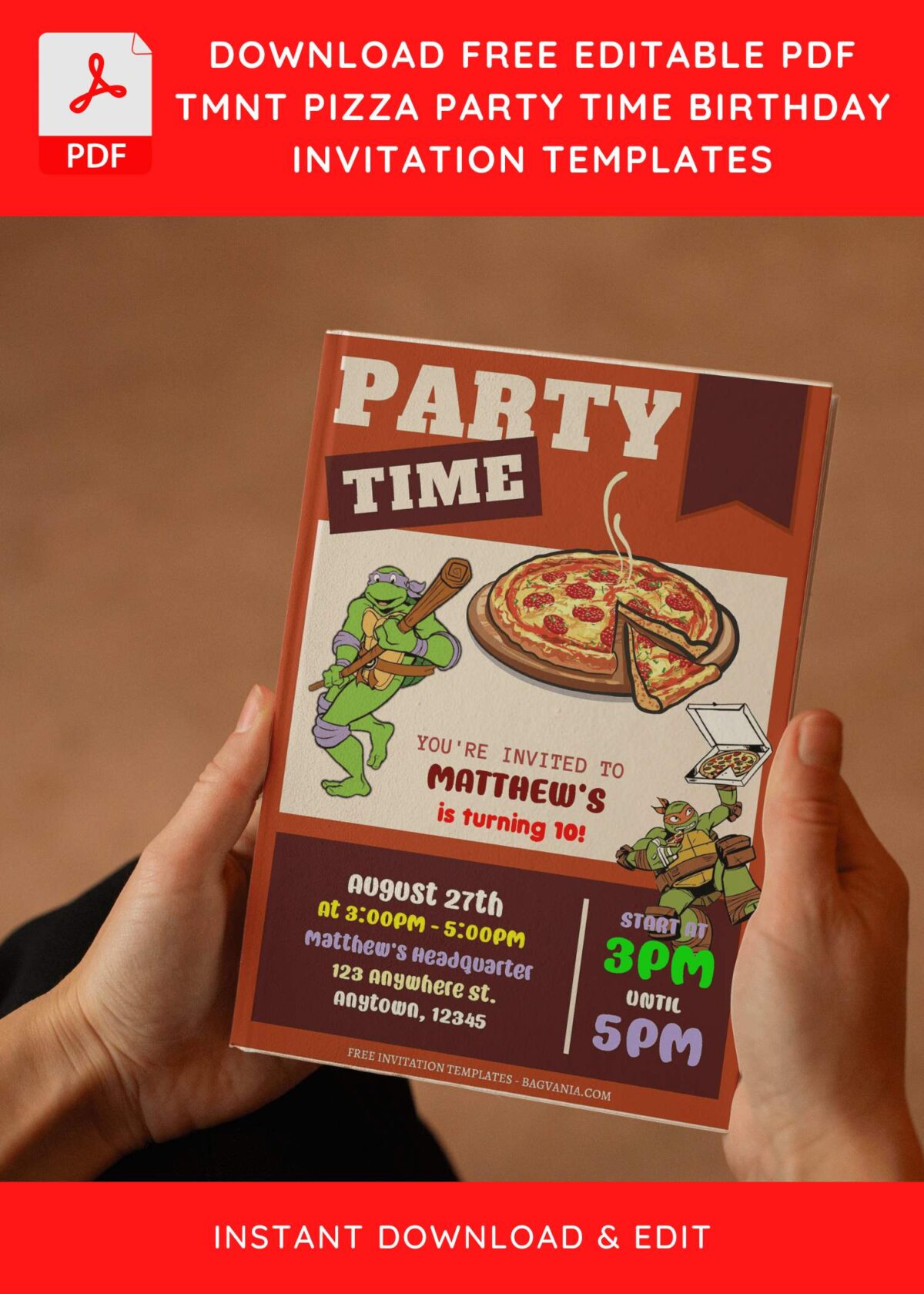 (Free Editable PDF) Fun TMNT Pizza Party Time Birthday Invitation Templates E