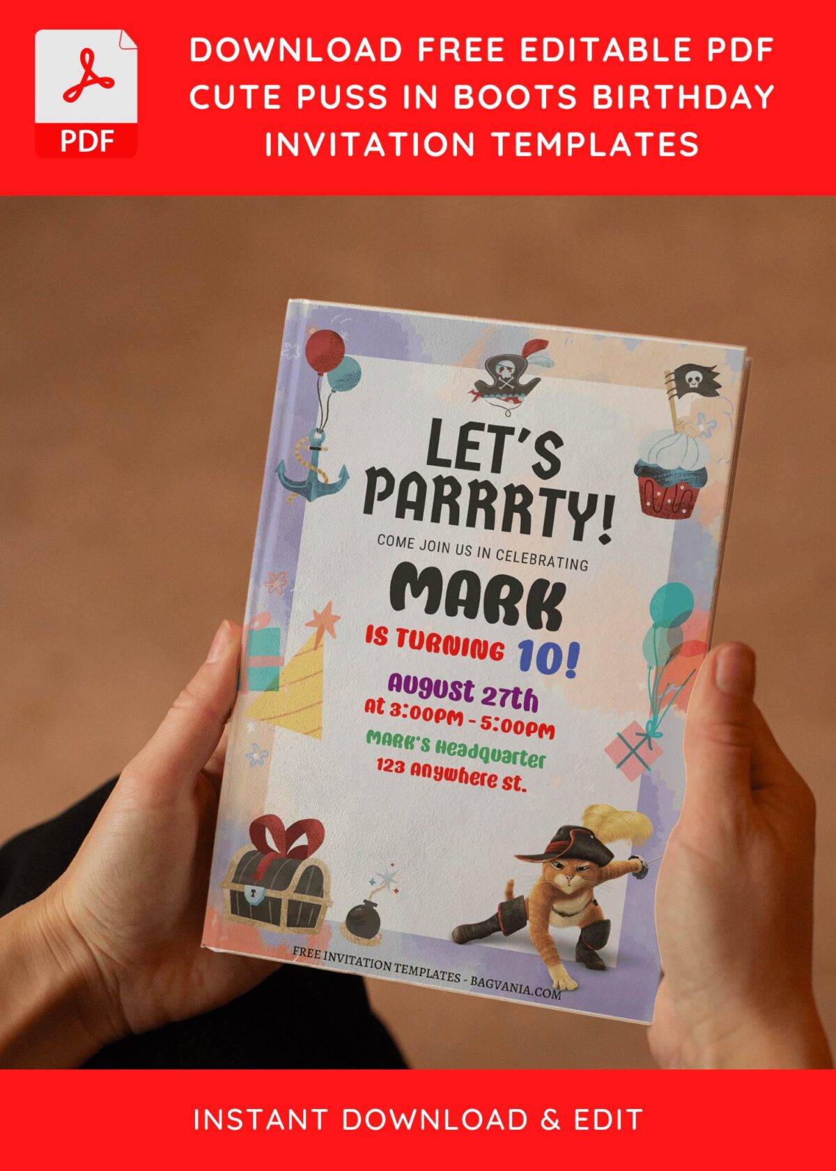(Free Editable PDF) Cute Puss In Boots Birthday Invitation Templates E