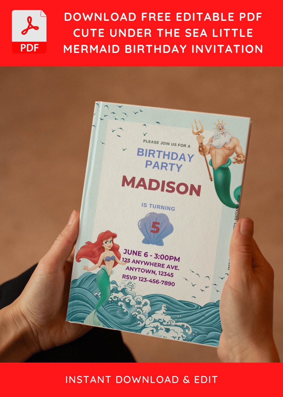 (Free Editable PDF) Lovely Ariel Little Mermaid Birthday Invitation Templates E