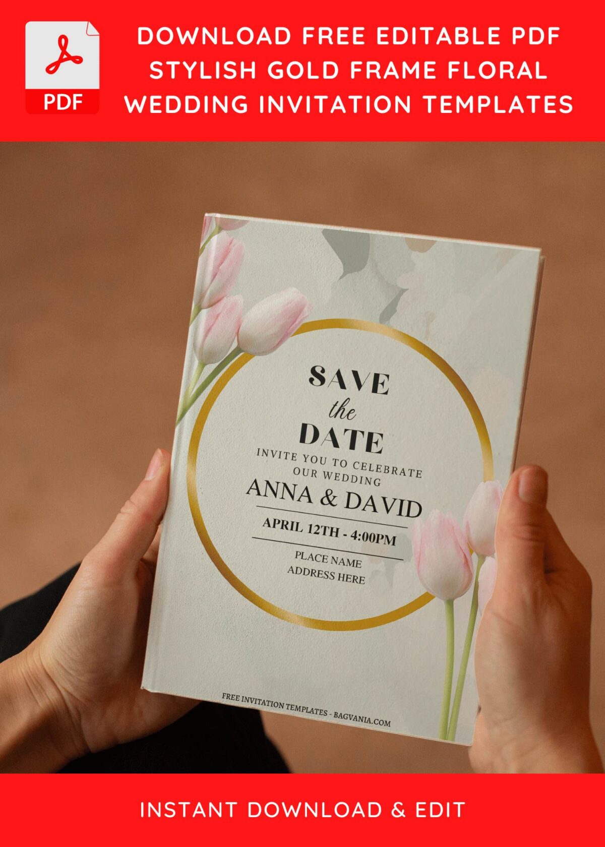 (Free Editable PDF) Gold Frame Tulip Wedding Invitation Templates E