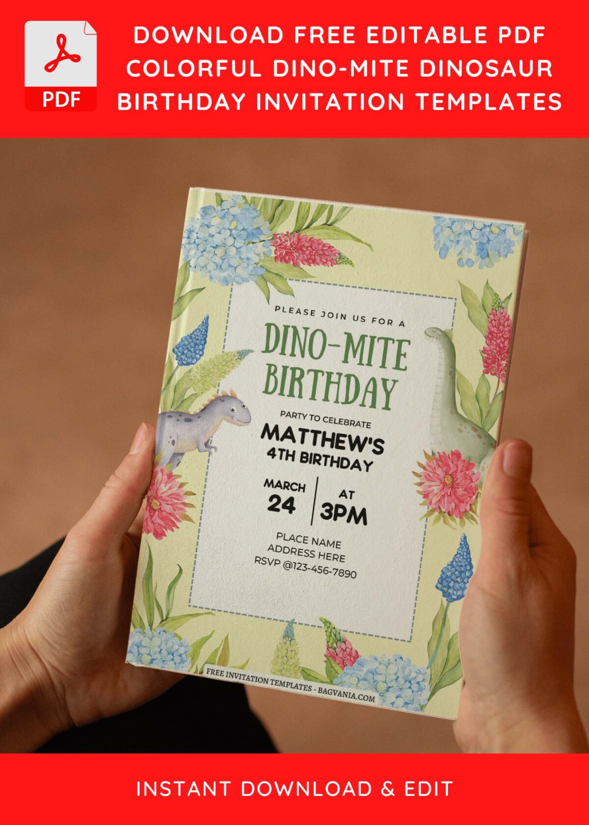 (Free Editable PDF) Bright Colorful Dinosaur Birthday Invitation Templates E