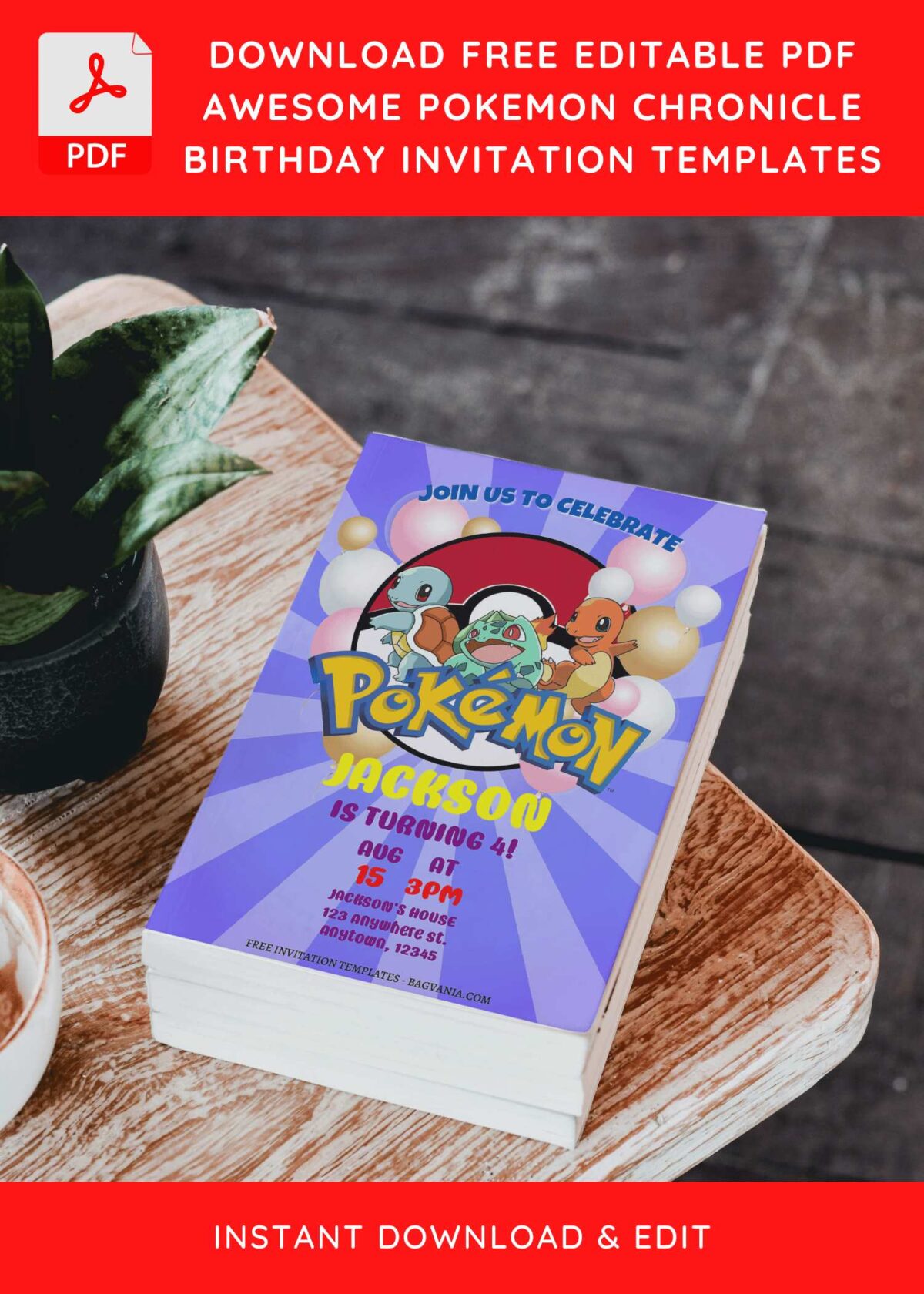 (Free Editable PDF) Epic Pokémon Chronicle Birthday Invitation Templates with comic sunburst backgrouond