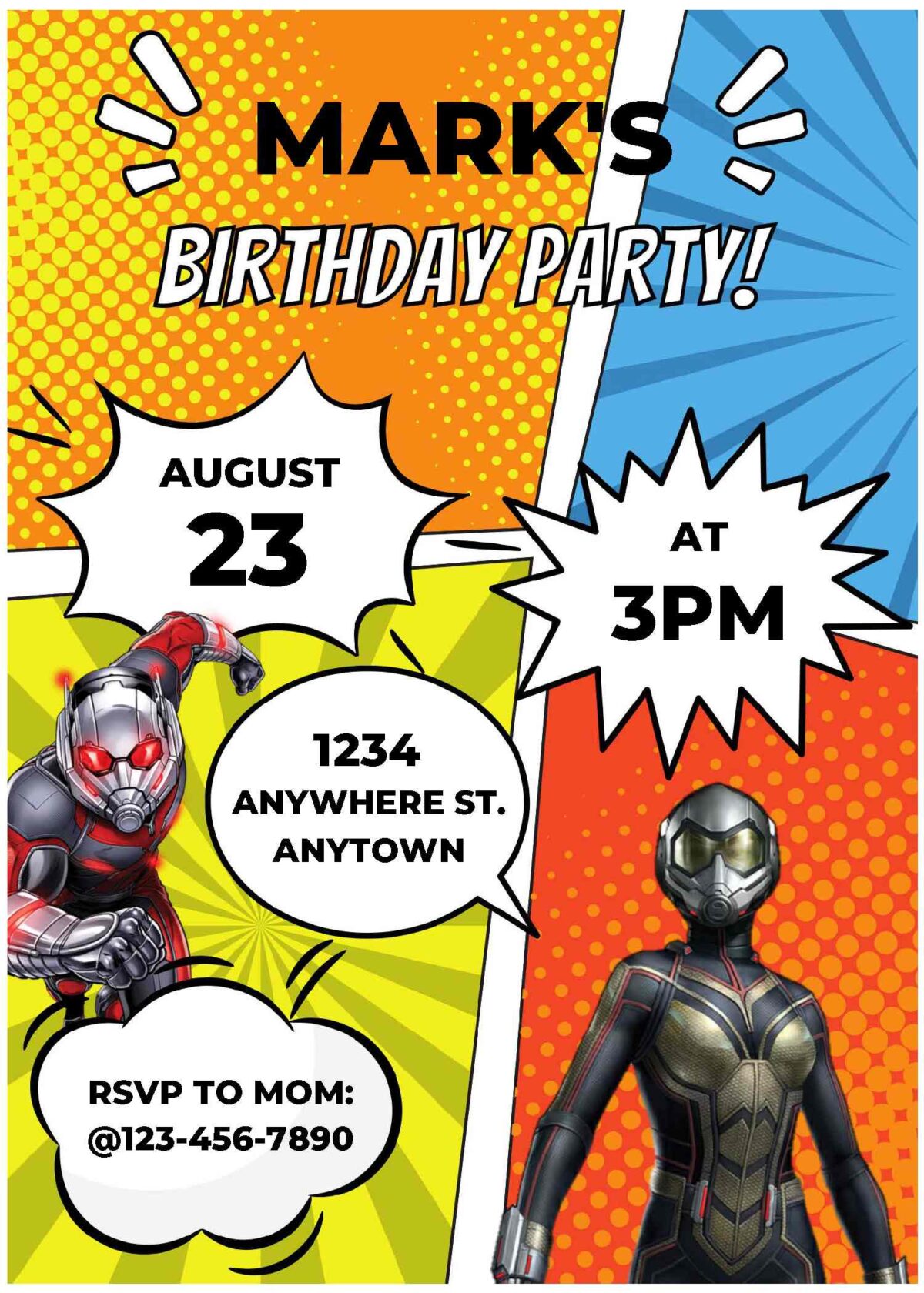 (Free Editable PDF) Comic-inspired Ant-Man & The Wasp Birthday Invitation Templates A