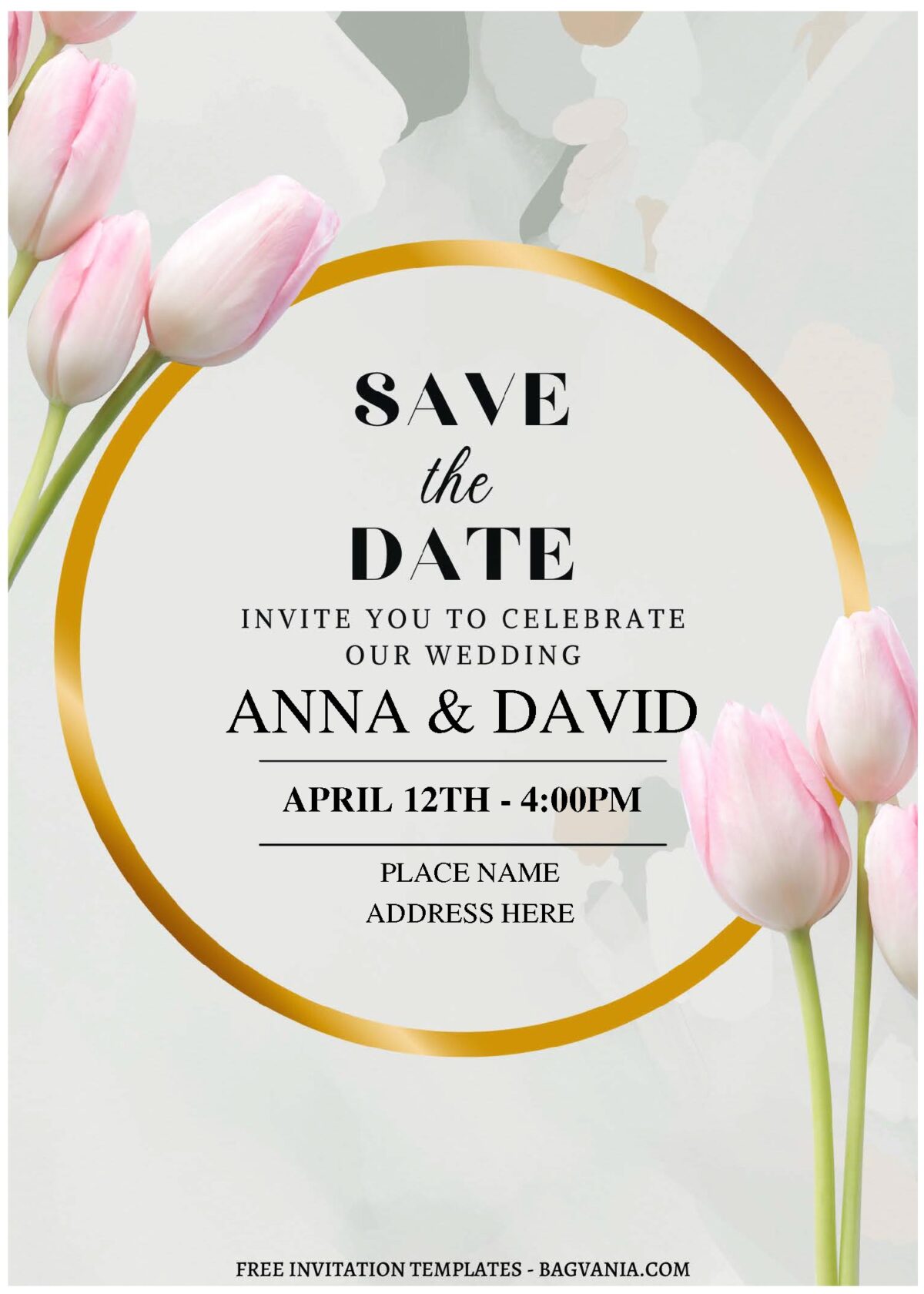 (Free Editable PDF) Gold Frame Tulip Wedding Invitation Templates C