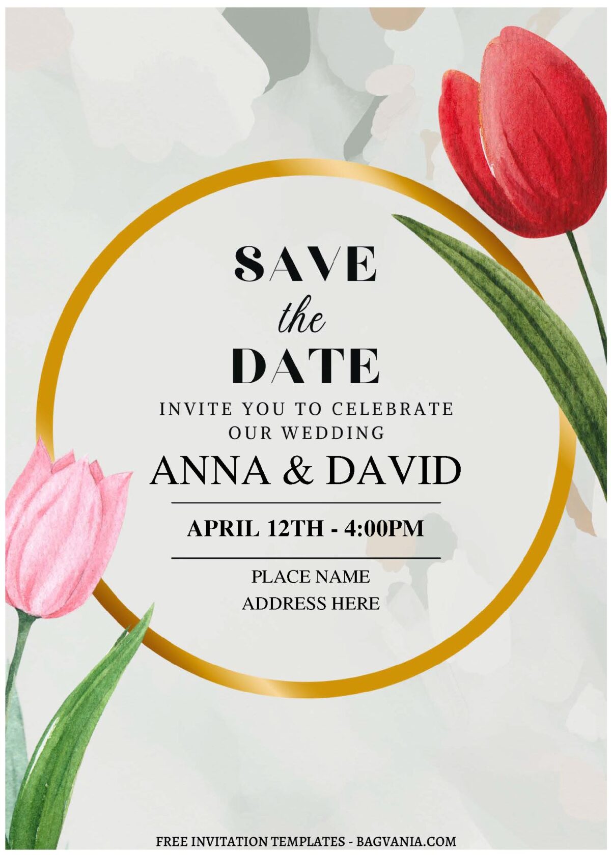 (Free Editable PDF) Gold Frame Tulip Wedding Invitation Templates A