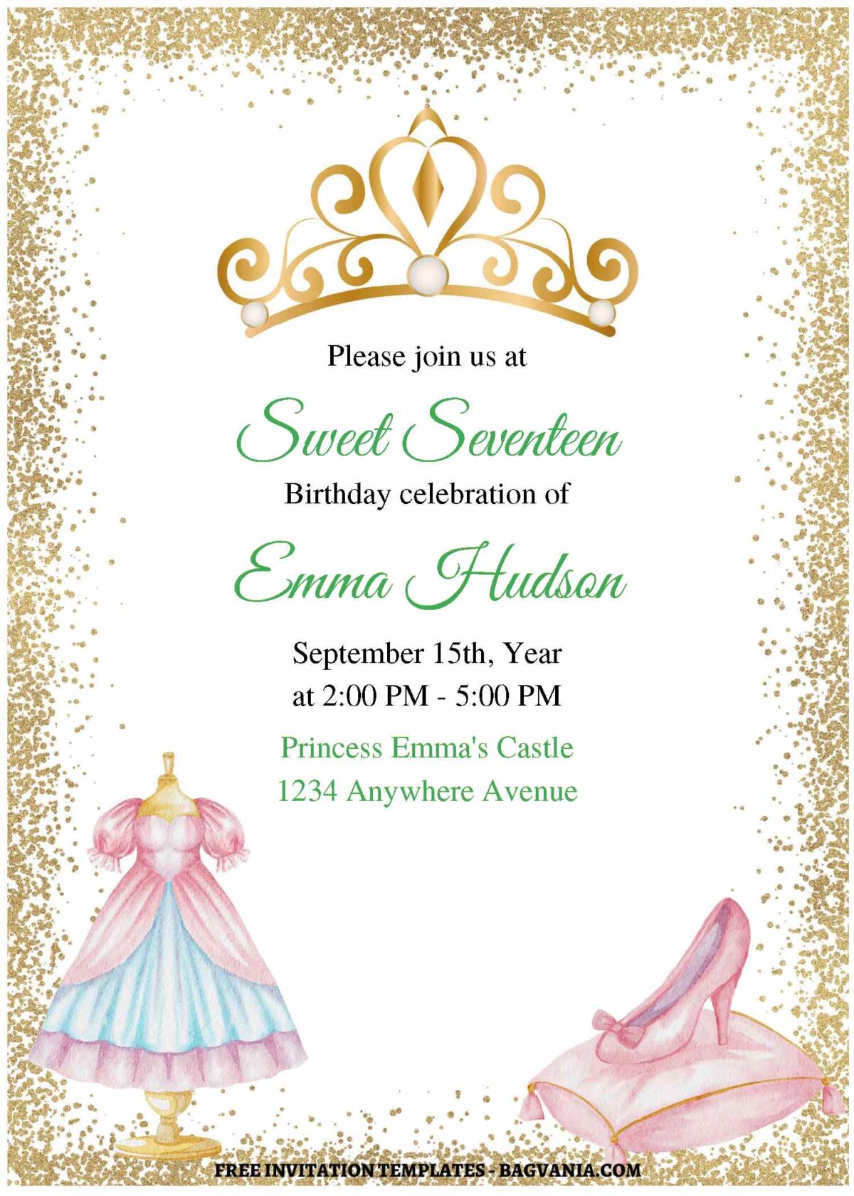 (Free Editable PDF) Gold Glitter Princess Birthday Invitation Templates C