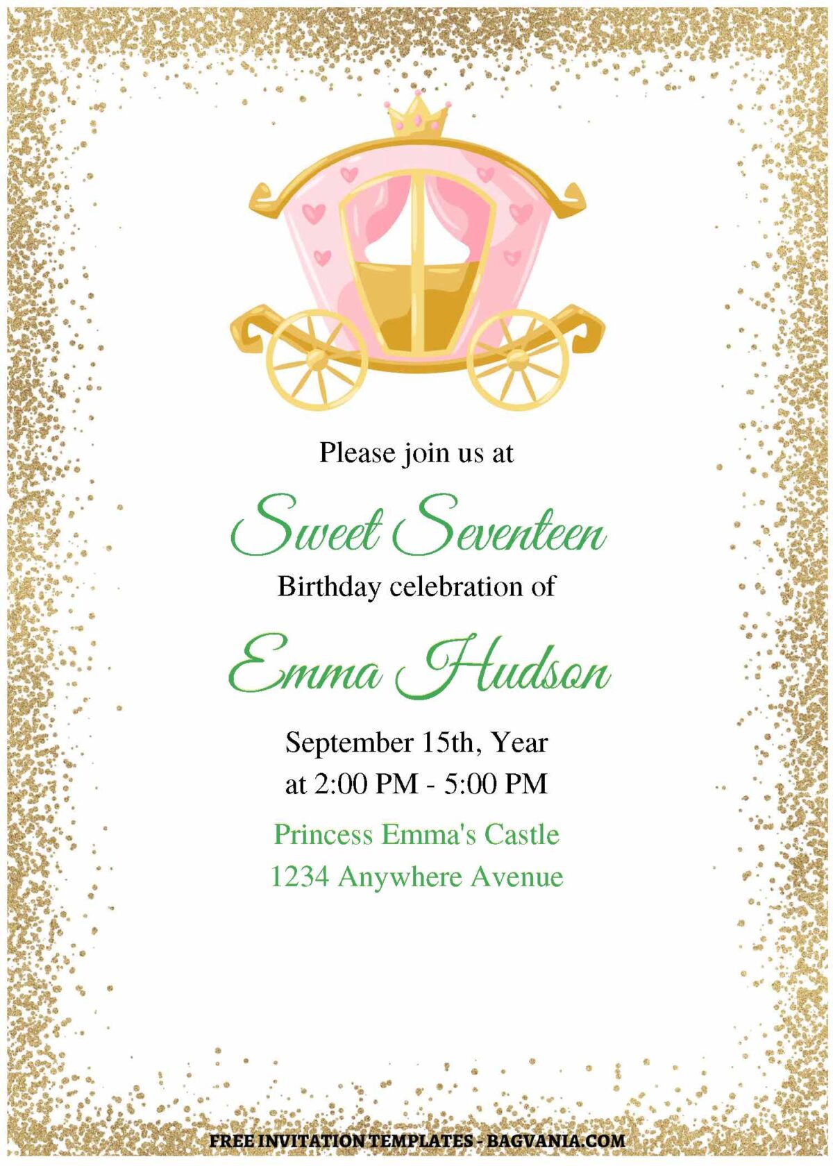 (Free Editable PDF) Gold Glitter Princess Birthday Invitation Templates A