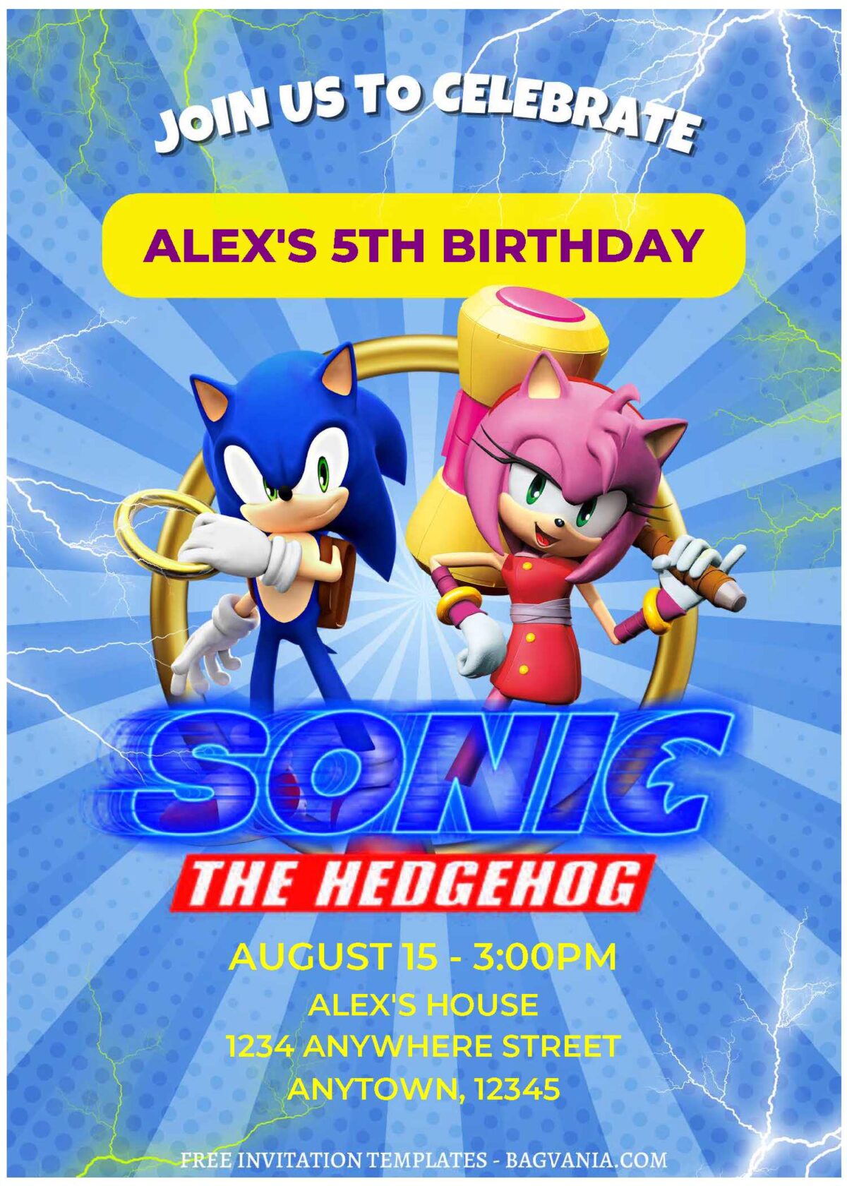 (Free Editable PDF) Thunderous Sonic Adventure Birthday Invitation Templates C