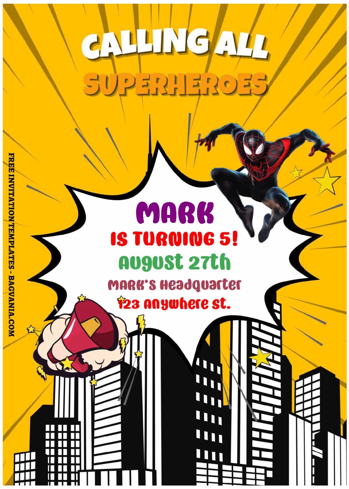 (Free Editable PDF) Comic Spiderman Across The Spiderverse Birthday Invitation Templates A