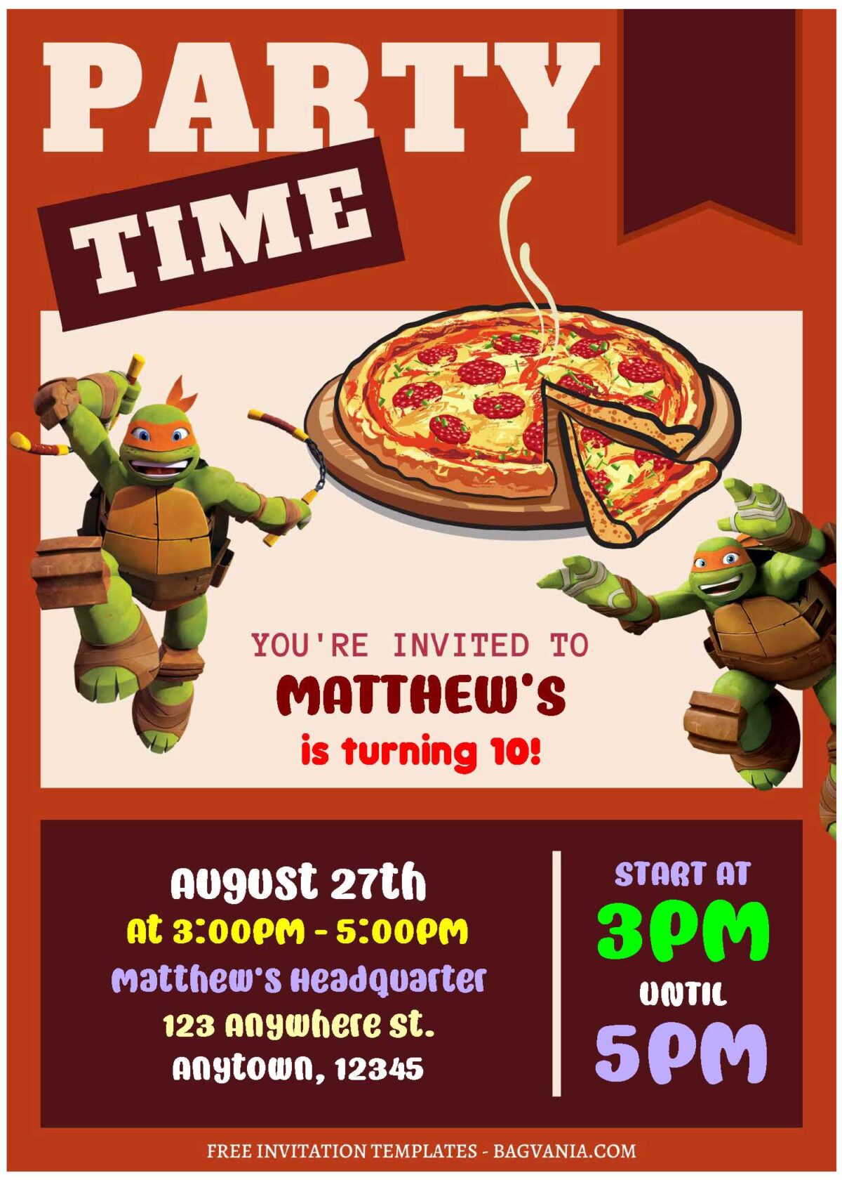 (Free Editable PDF) Fun TMNT Pizza Party Time Birthday Invitation Templates C
